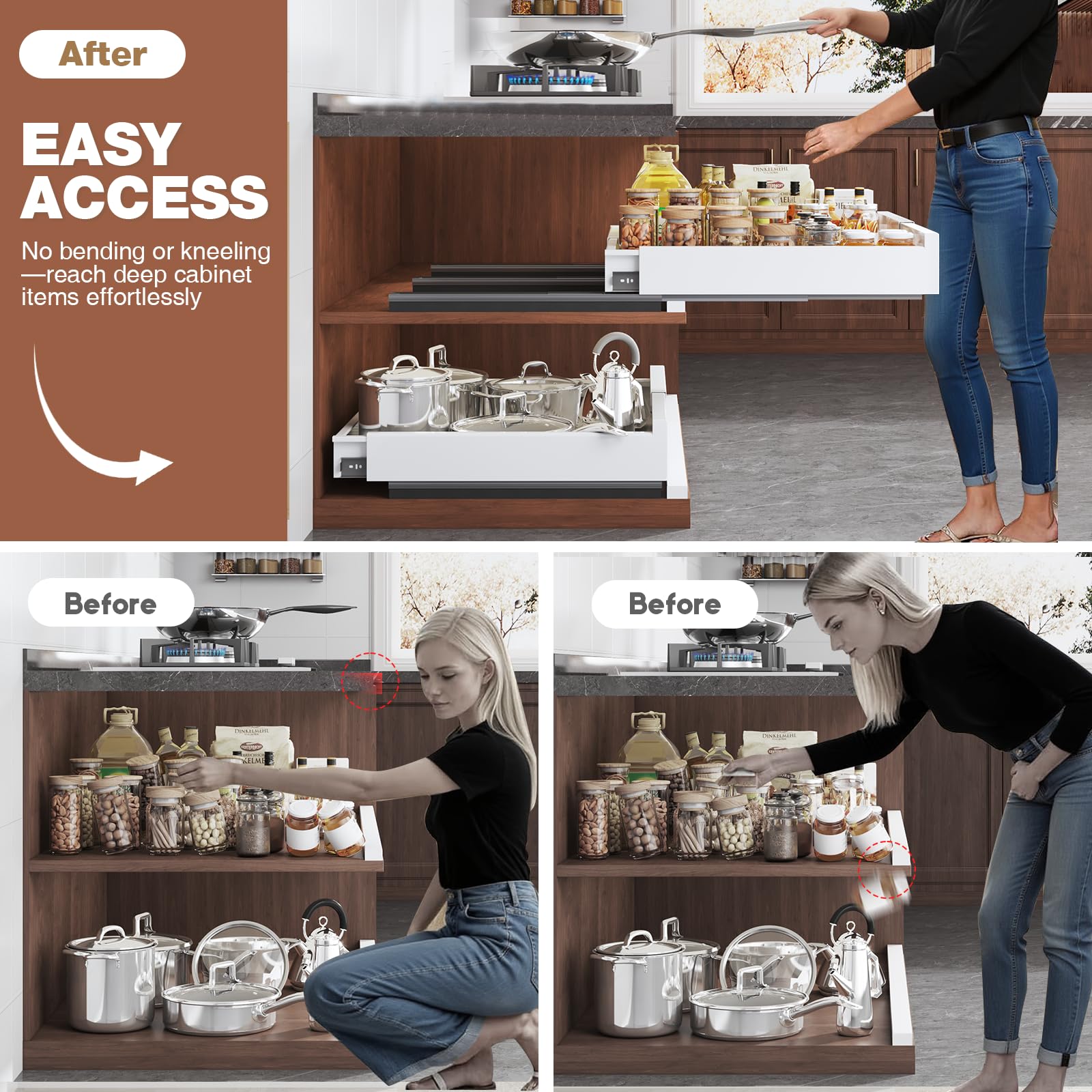 Expandable Pull-Out Cabinet Organizer – Adjustable Width & Depth Slide-Out Drawer with Raising Pads (White, 2-Pack)