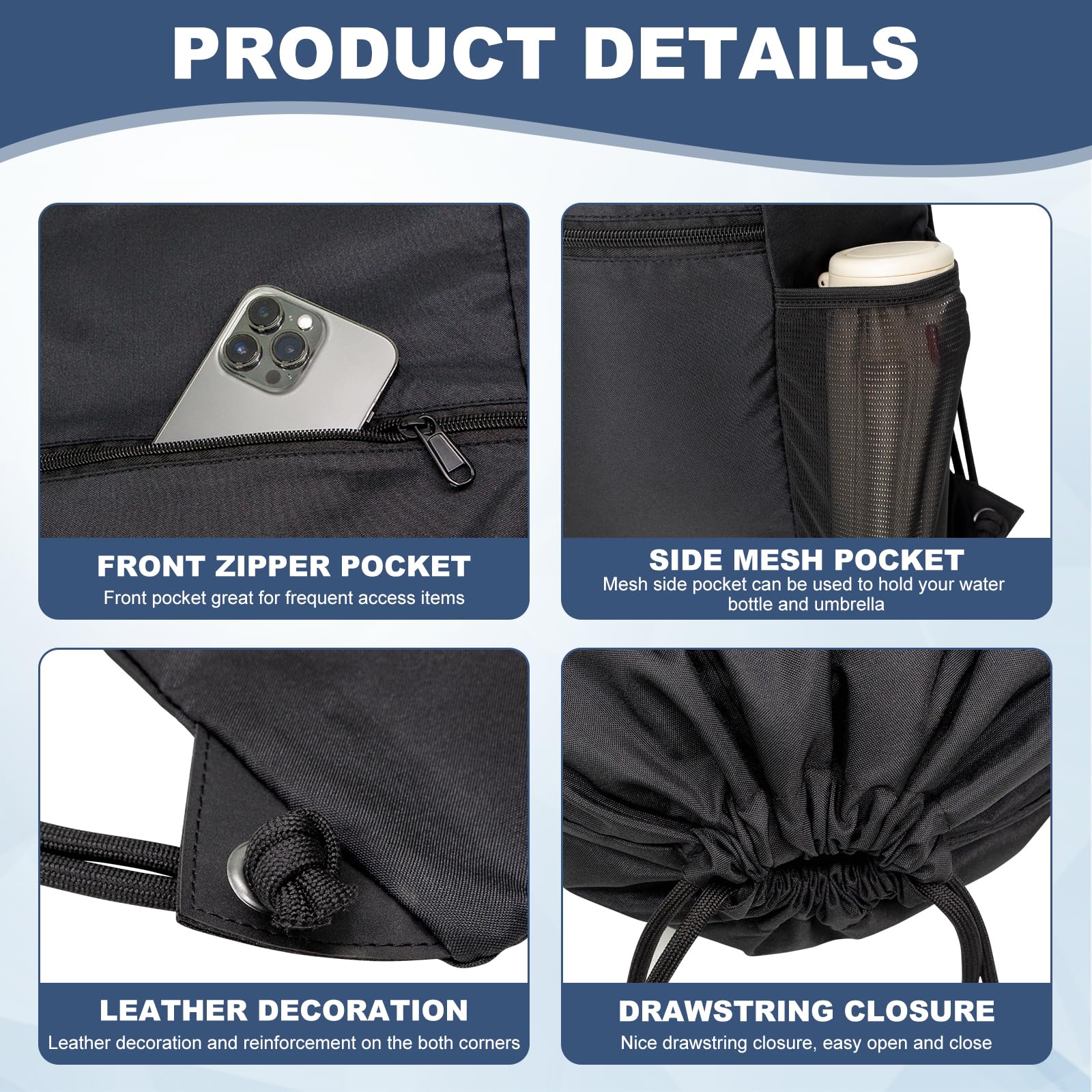 HOLYLUCK Waterproof Drawstring Gym Backpack – Lightweight Sports Sack for Travel, Yoga & Outdoor Activities (Black)