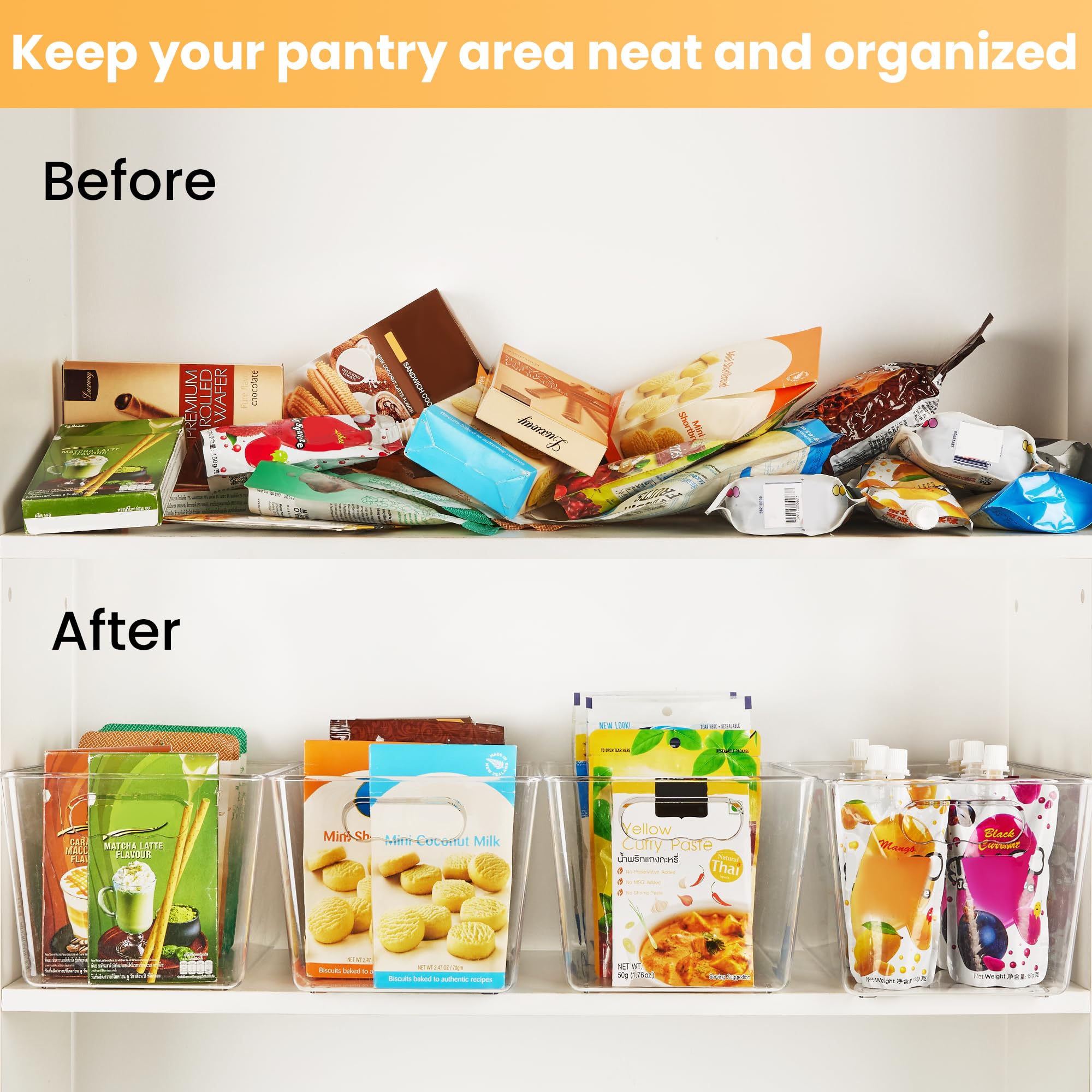 6-Pack Clear Pantry Organizer Bins – Plastic Storage Containers with Handles (Clear)