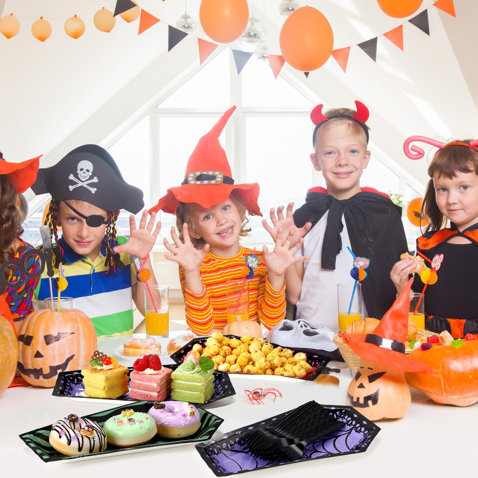 Halloween Coffin Plates & Black Forks Set – 48 Pcs Disposable Scary Sweet Tableware for 24 Guests