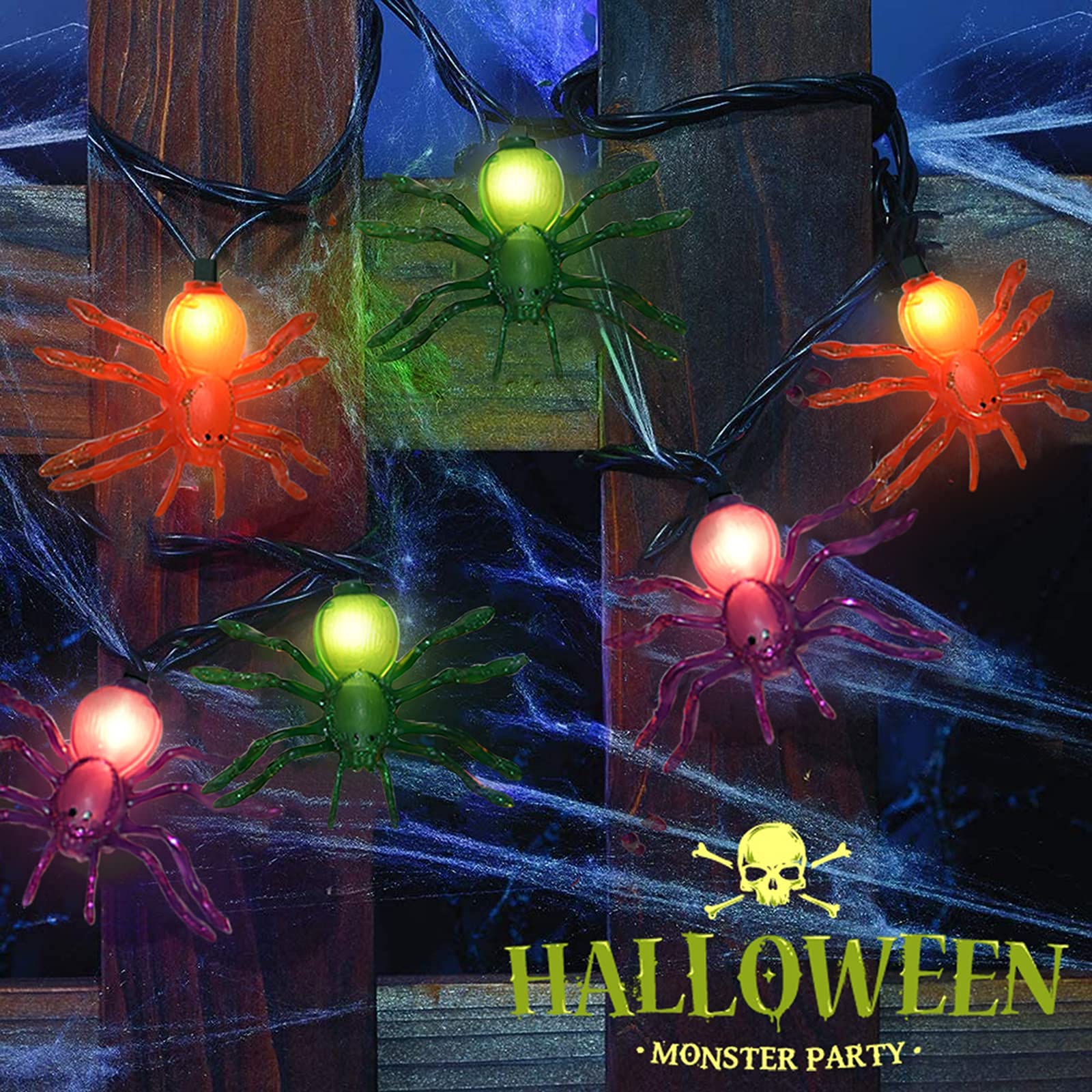Multicolor Halloween Spider String Lights – 8.5ft Plug-In LED String with 10 Orange, Purple & Green Spiders (Connectable Indoor/Outdoor Décor)
