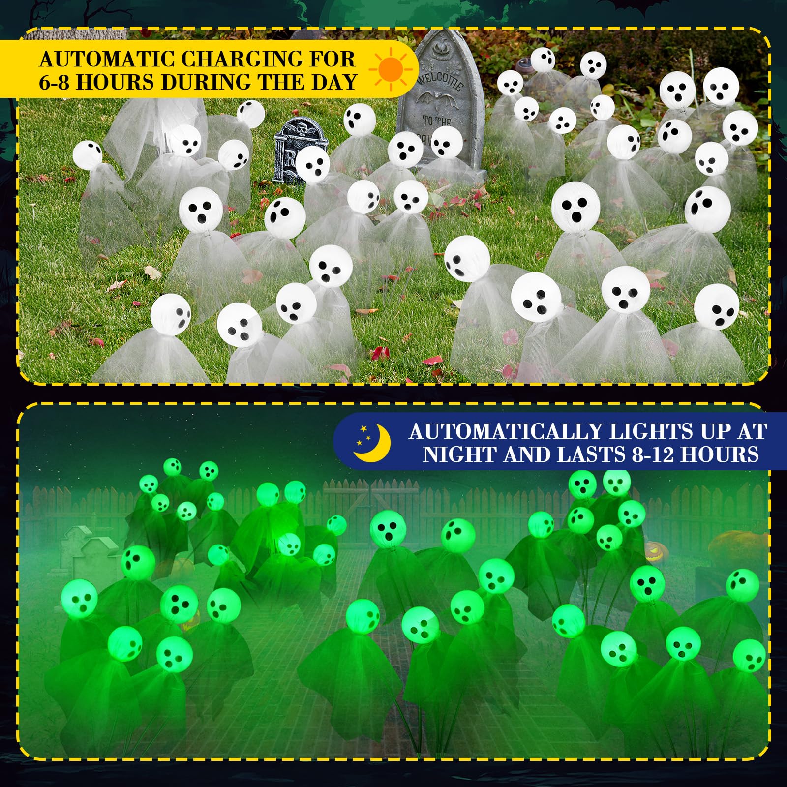 VIHOSE 2 Packs Halloween Decorations Outdoor Halloween Ghost Path Lights 12 LED Spooky Solar Lights Waterproof Solar Firefly Ghost Swaying Light for Outside Garden Lawn Yard Decors (Green)
