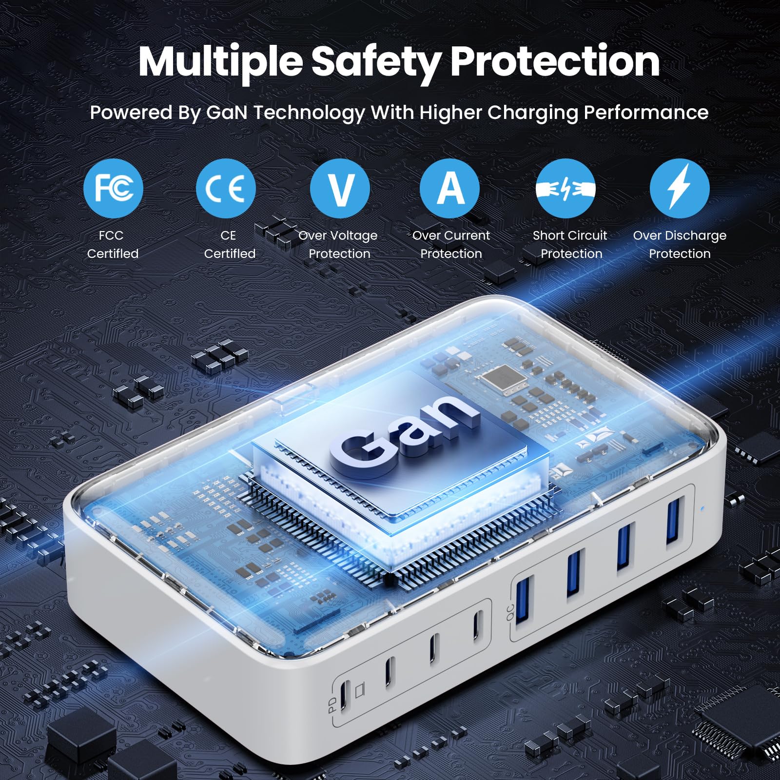 65W 8-Port USB Charging Station – GaN III Fast Charger with 4 USB-C & 4 USB-A Ports