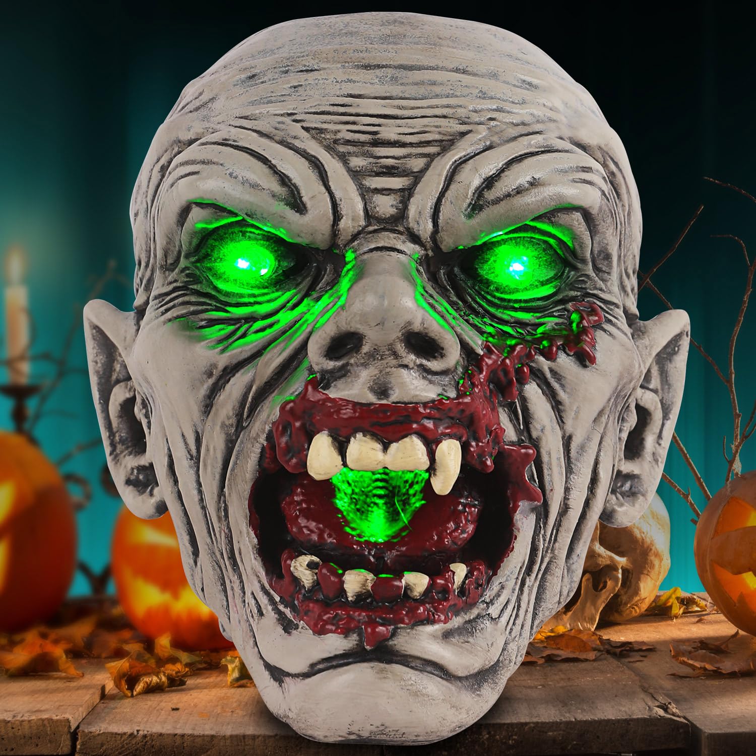Solar-Powered Zombie Head Halloween Decor – Realistic Resin Outdoor Statue with Light-Up Eyes & Mouth