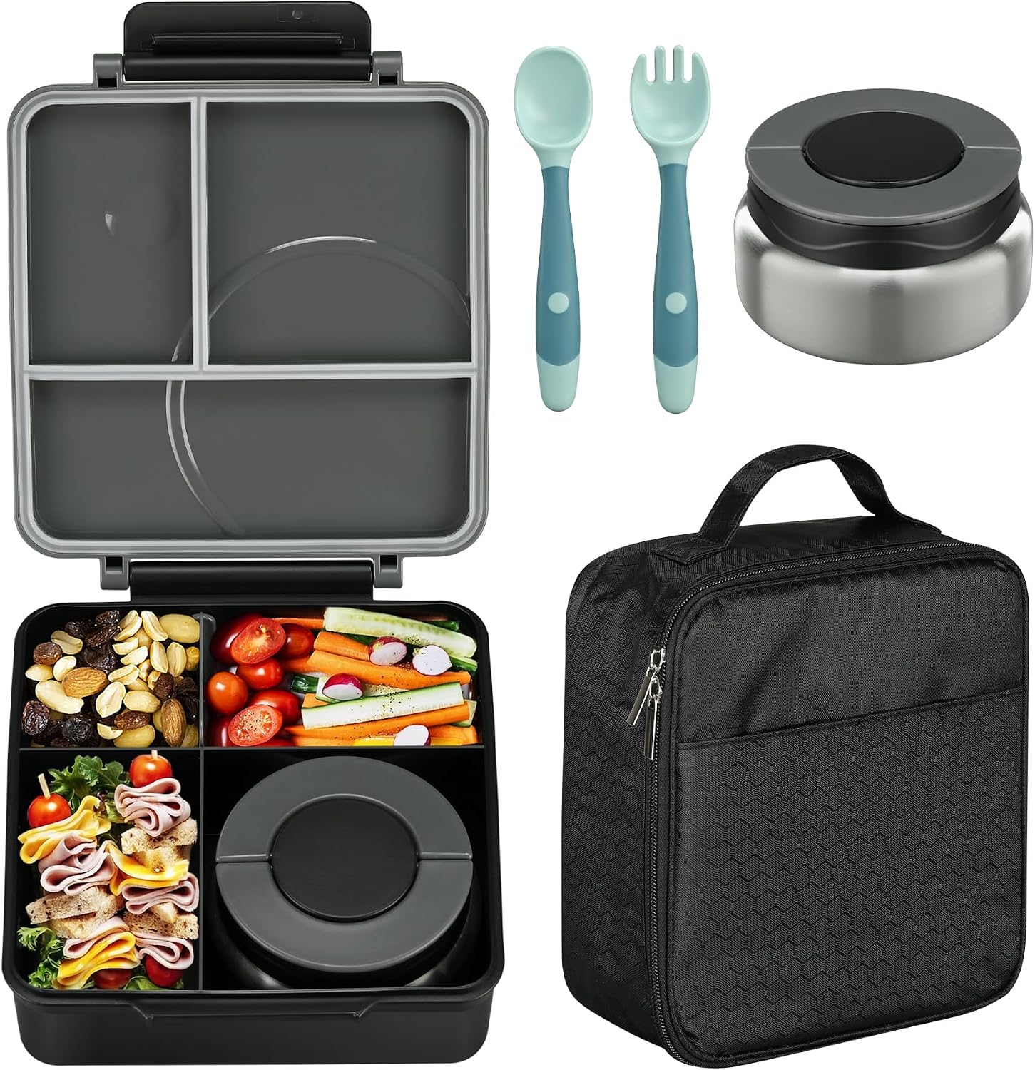 Black 4-Compartment Bento Set with 8 oz Food Jar