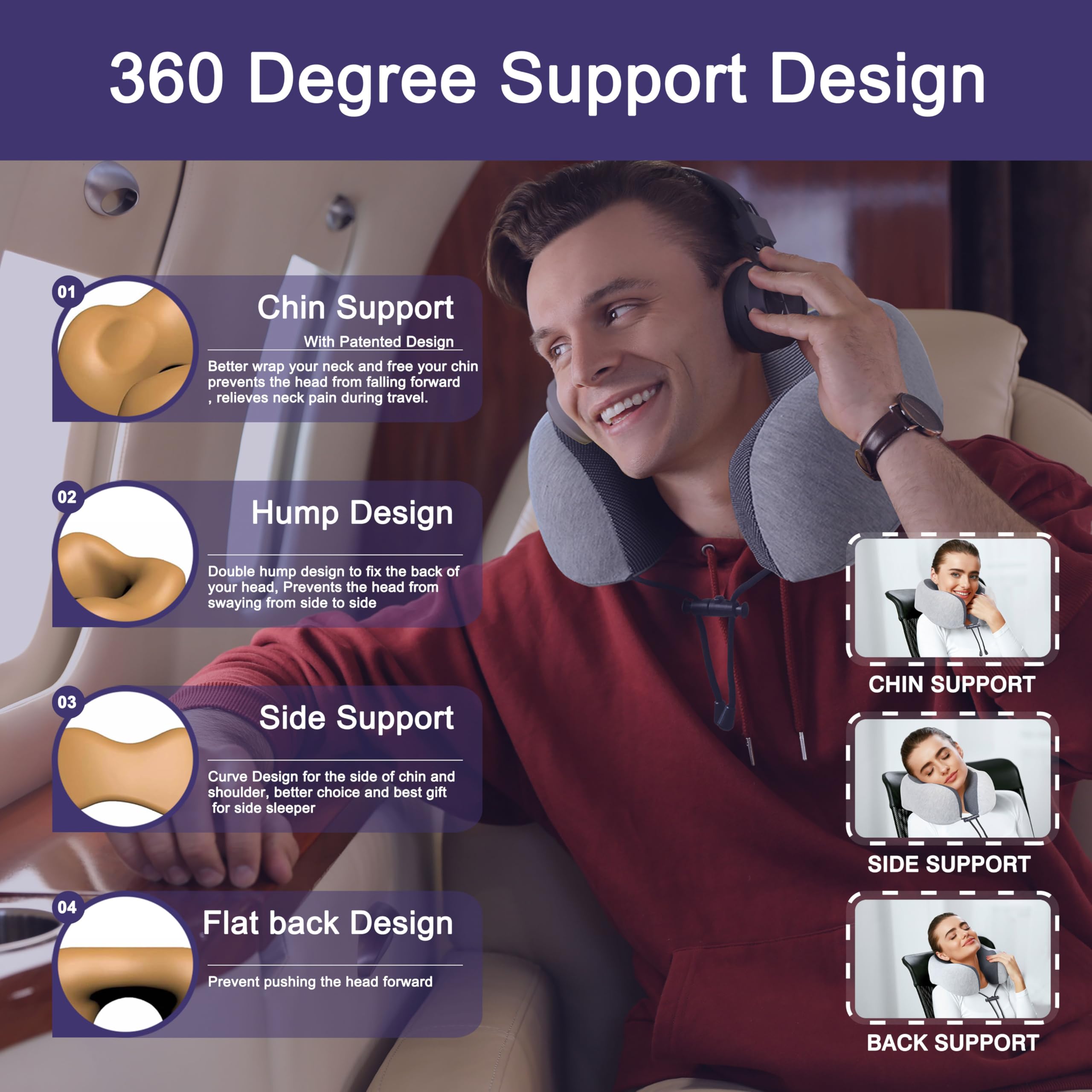 Memory Foam Travel Neck Pillow with Chin Support – Adjustable Airplane Neck Pillow for Comfortable Flights