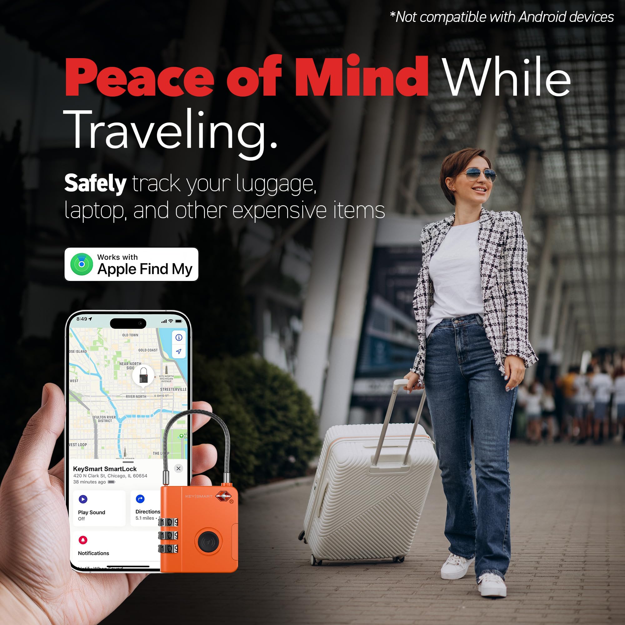 Apple Find My Compatible Smart TSA Luggage Lock with Bluetooth Tracking, Water-Resistant Travel Padlock