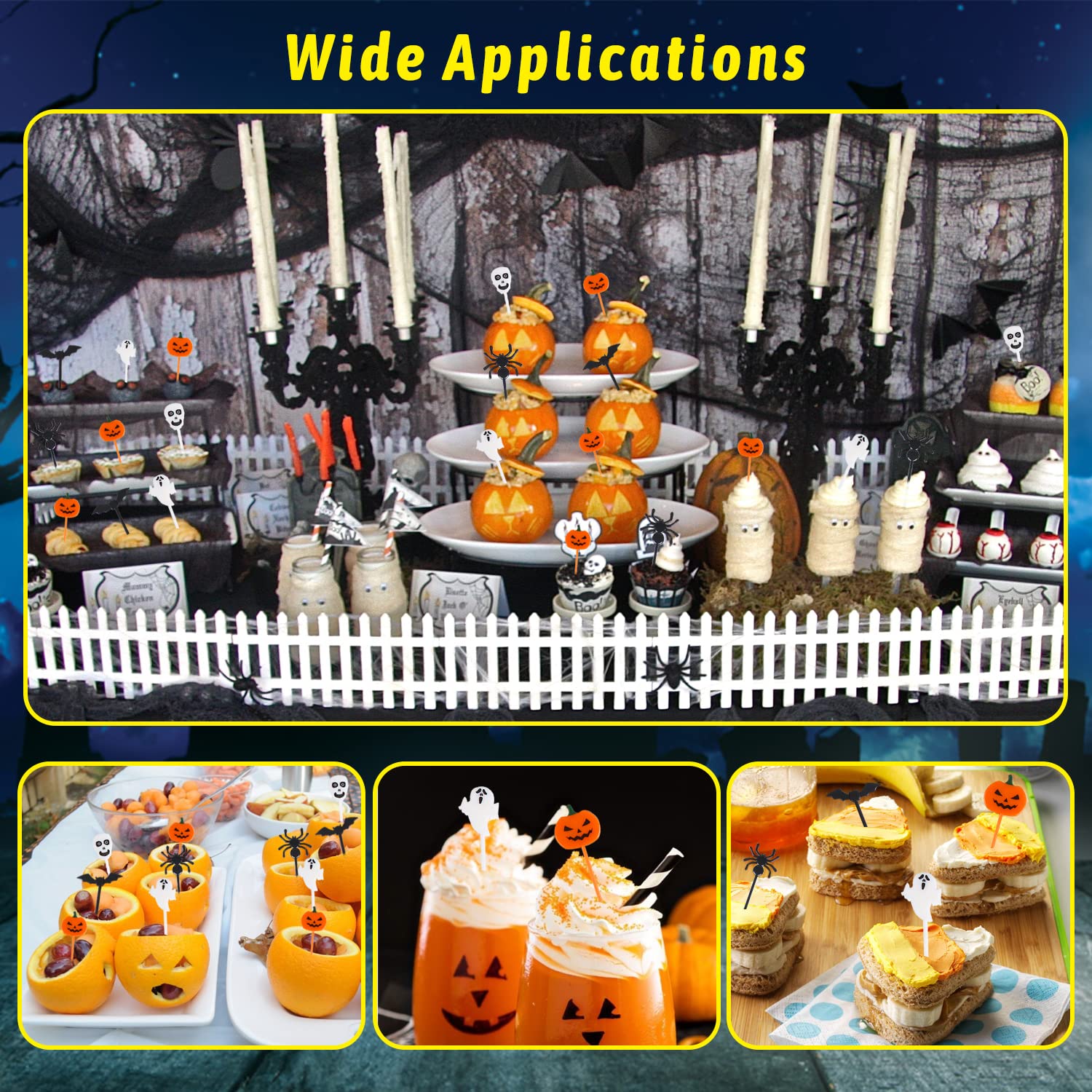 Halloween Cupcake Toppers – 50 Pcs Reusable Party Picks Set (Pumpkin, Ghost, Spider, Bat & Skeleton Designs)
