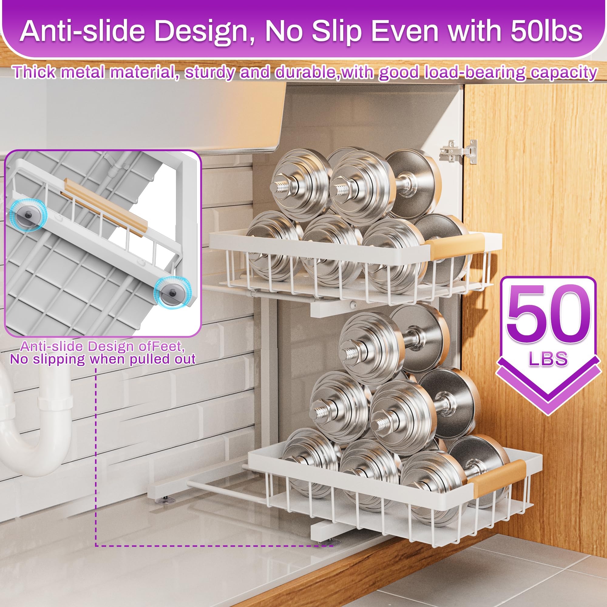 ADBIU White Adjustable Under Sink Organizer – 2-Tier Pull-Out Cabinet Storage with Expandable Height (2 Pack)