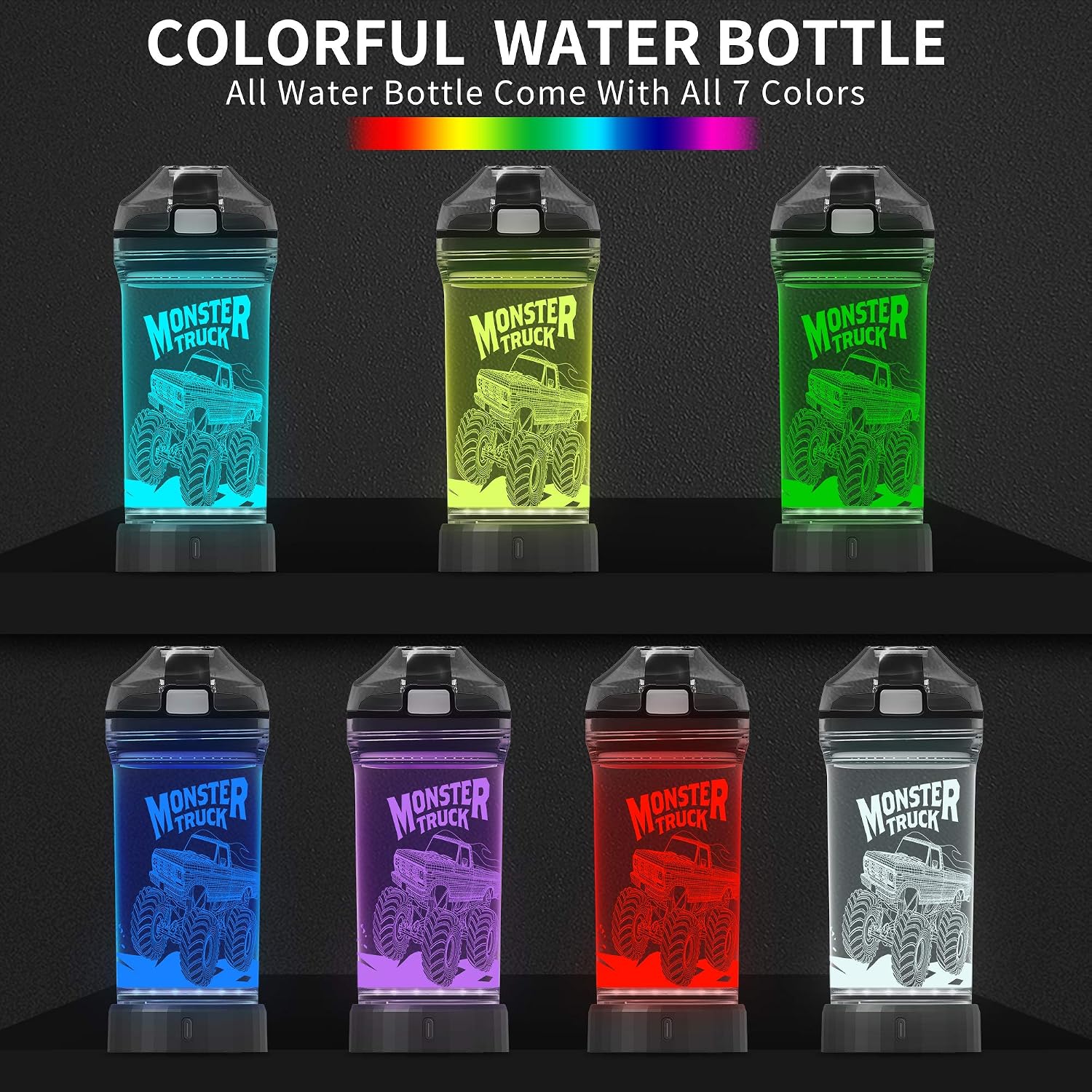 14 oz Kids Monster Truck Light-Up Water Bottle with Leakproof Lid and Carry Strap