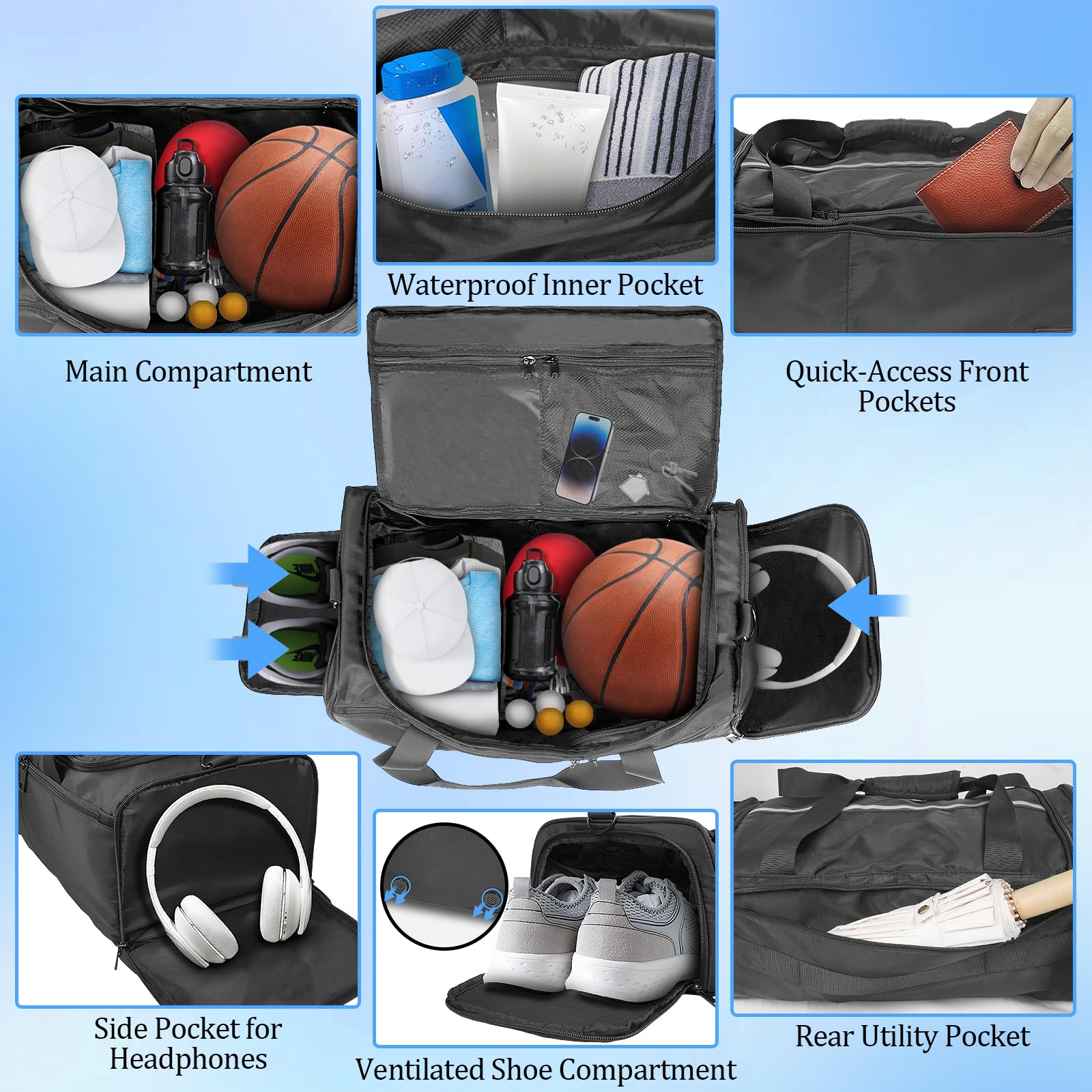 ORKELS 29L 3-in-1 Gym Bag Backpack – Waterproof Sports Duffle with Shoe & Wet Pocket for Travel and Fitness (Black)