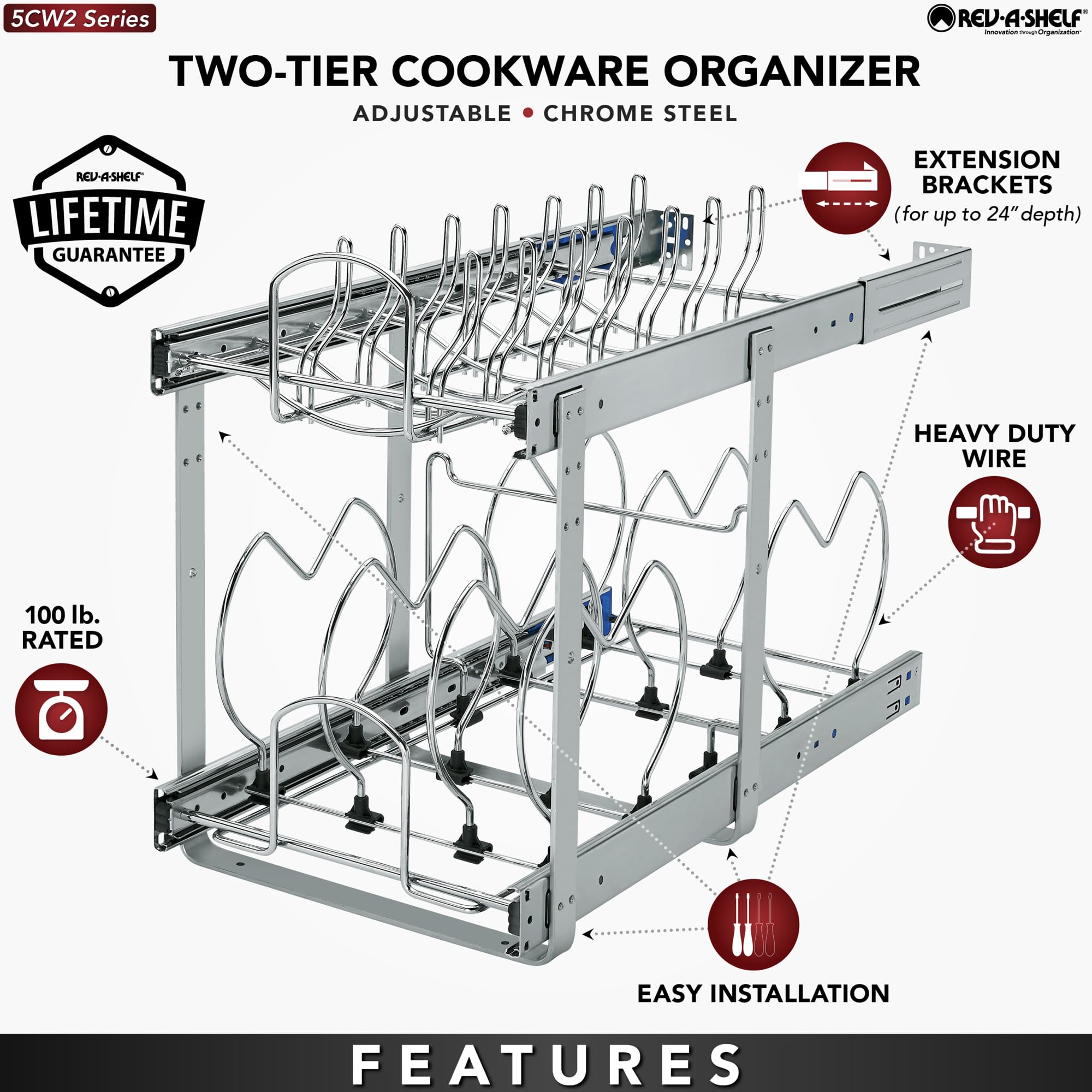 2-Tier Pull-Out Cookware Base Cabinet Organizer – Chrome Adjustable Shelf System