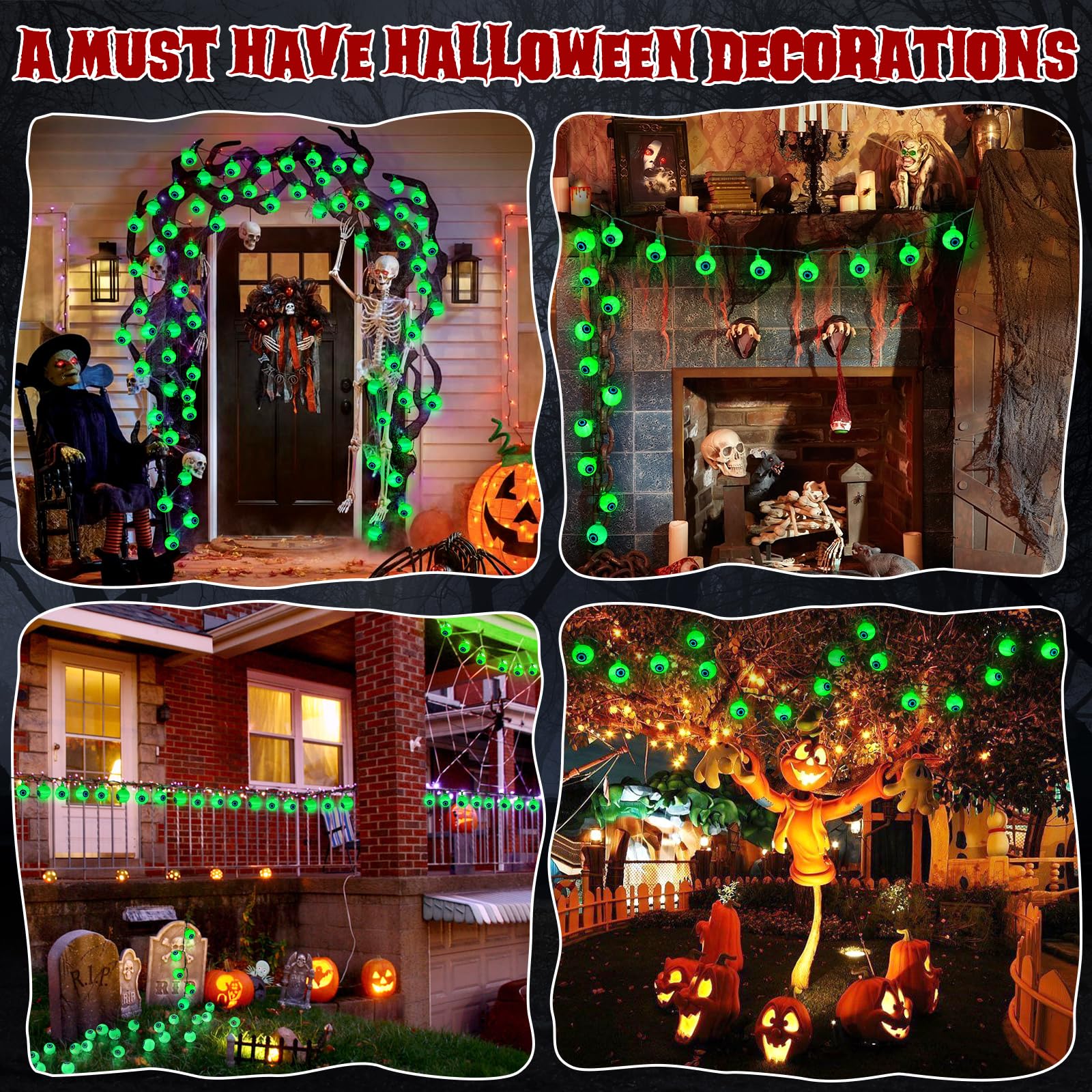 17Ft Green Halloween Eyeball String Lights – 30 LED 3D Bloodshot Eyes with Remote, 8 Modes & Timer for Spooky Décor