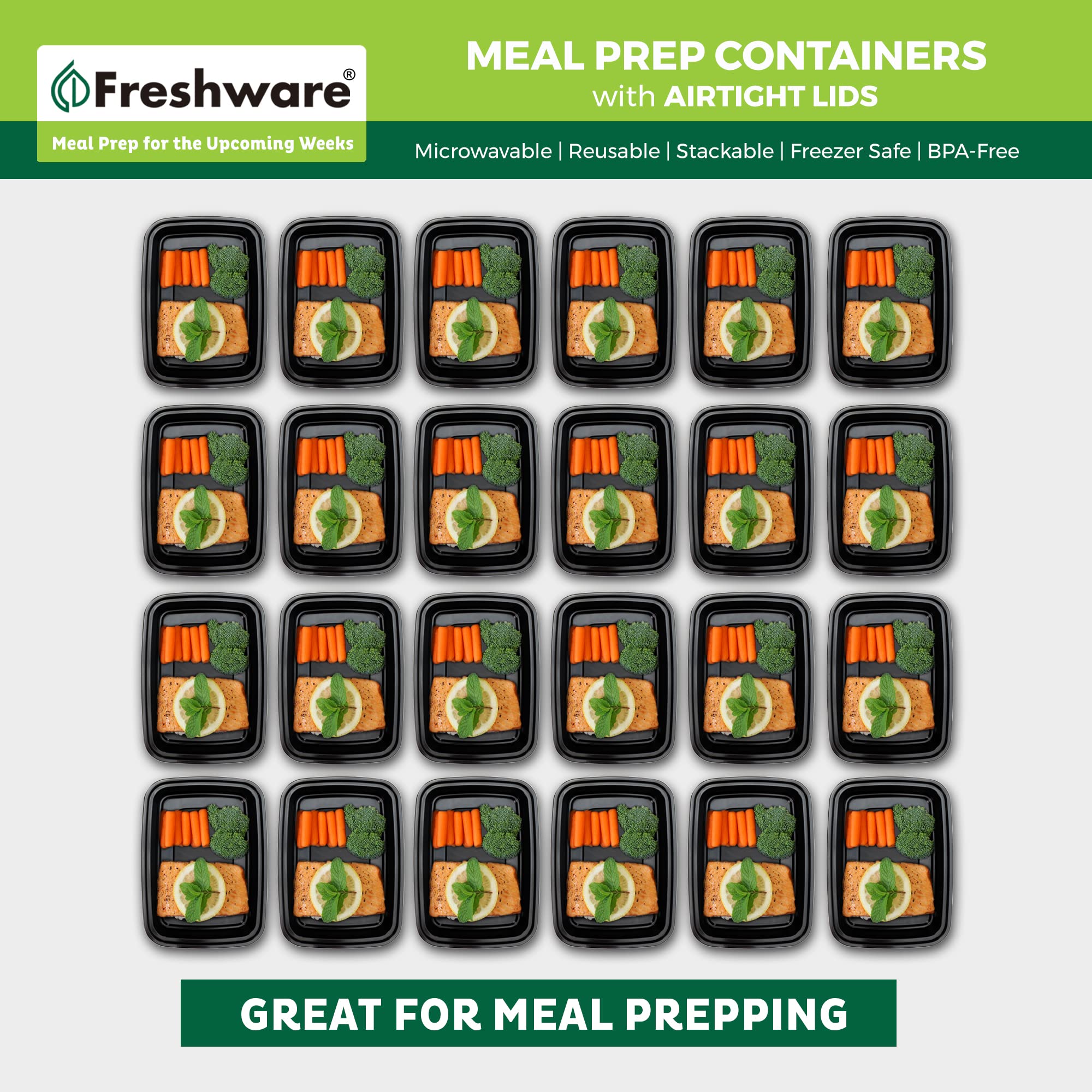 Freshware 28oz Meal Prep Containers – 50 Pack, BPA-Free Bento Lunch Boxes