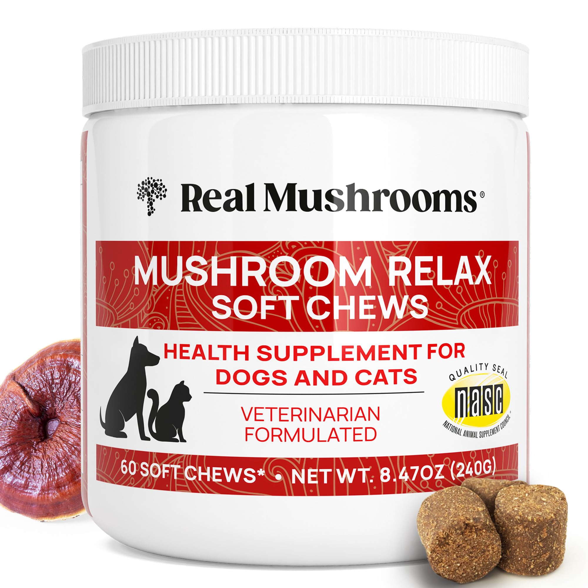 Natural Calming Chews for Dogs & Cats with Reishi & Lion’s Mane – Plant-Based Mood Support & Immune Health Supplement (Vegan Formula)