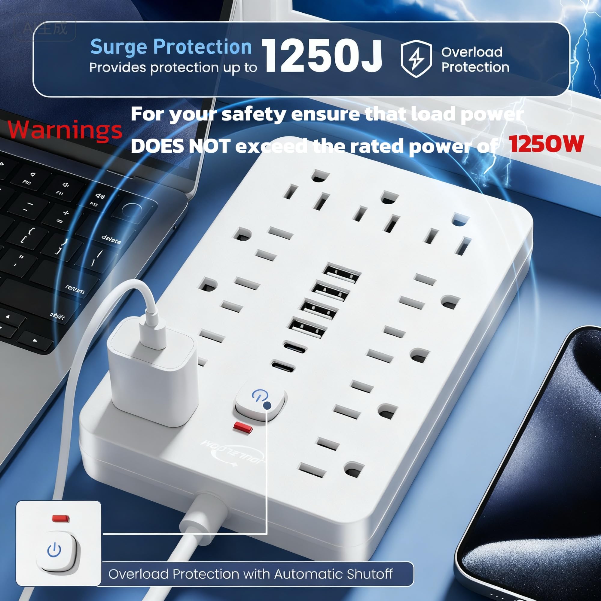 JouleLoom 17-in-1 Surge Protector Power Strip with 11 AC Outlets & USB-C Ports – Compact Flat Plug Extension Cord White