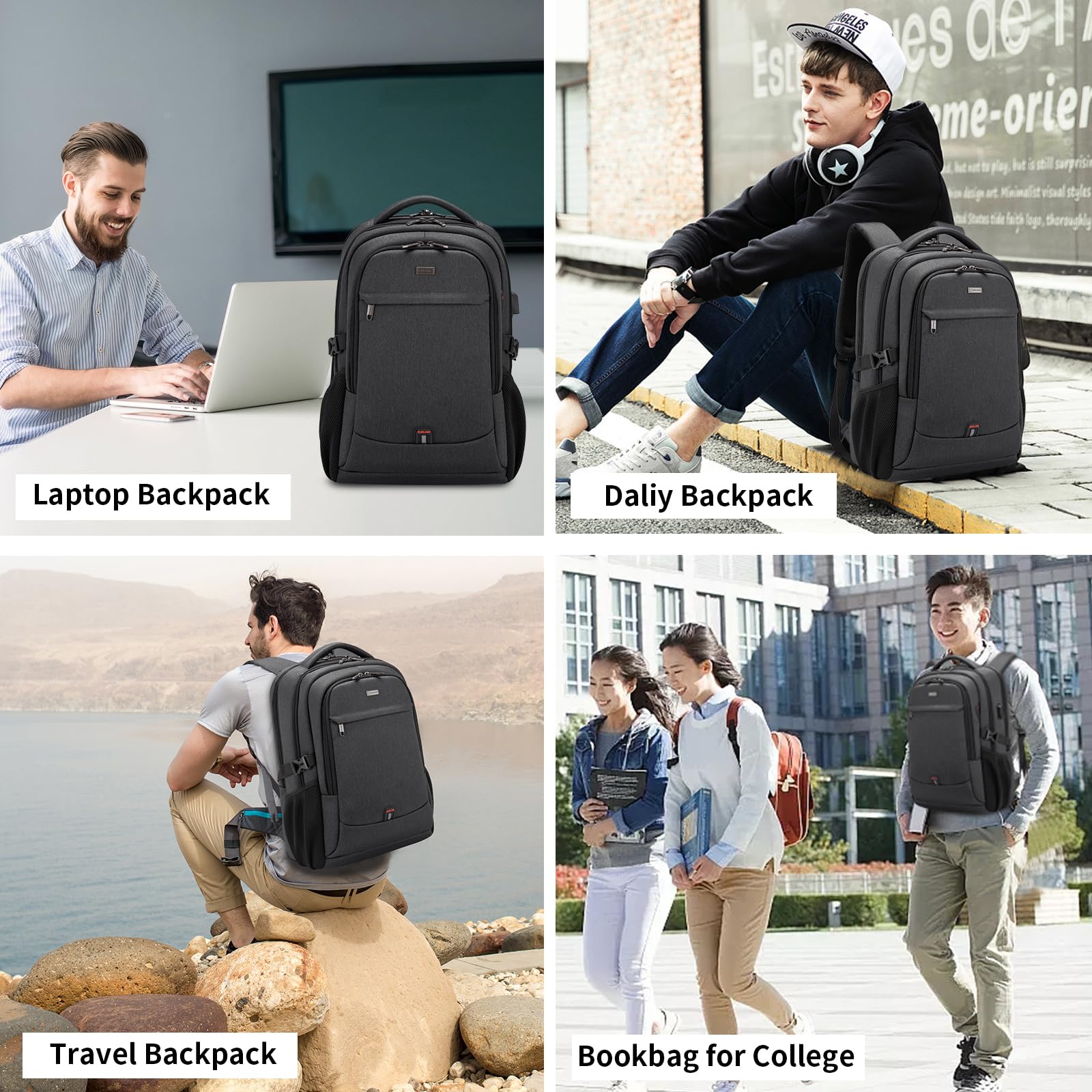 DUSLANG 17″ Laptop Backpack with USB Charging Port – Water-Resistant Travel & College Backpack for Men & Women (Black)