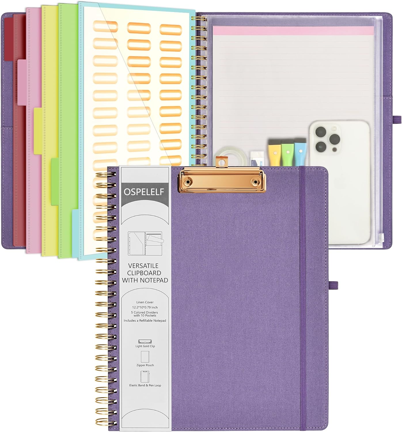 Purple Foldable Clipboard Folio with 10 Storage Pockets