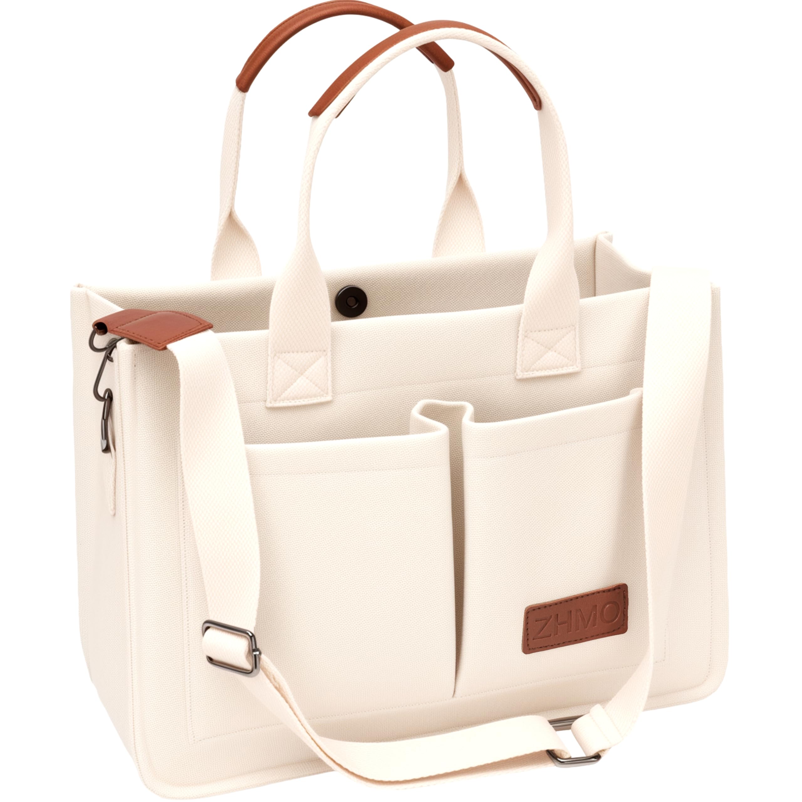 ZHMO Canvas Tote Bag for Women – Large Laptop Work Tote with Compartments, Shoulder & Crossbody Carry (Beige)