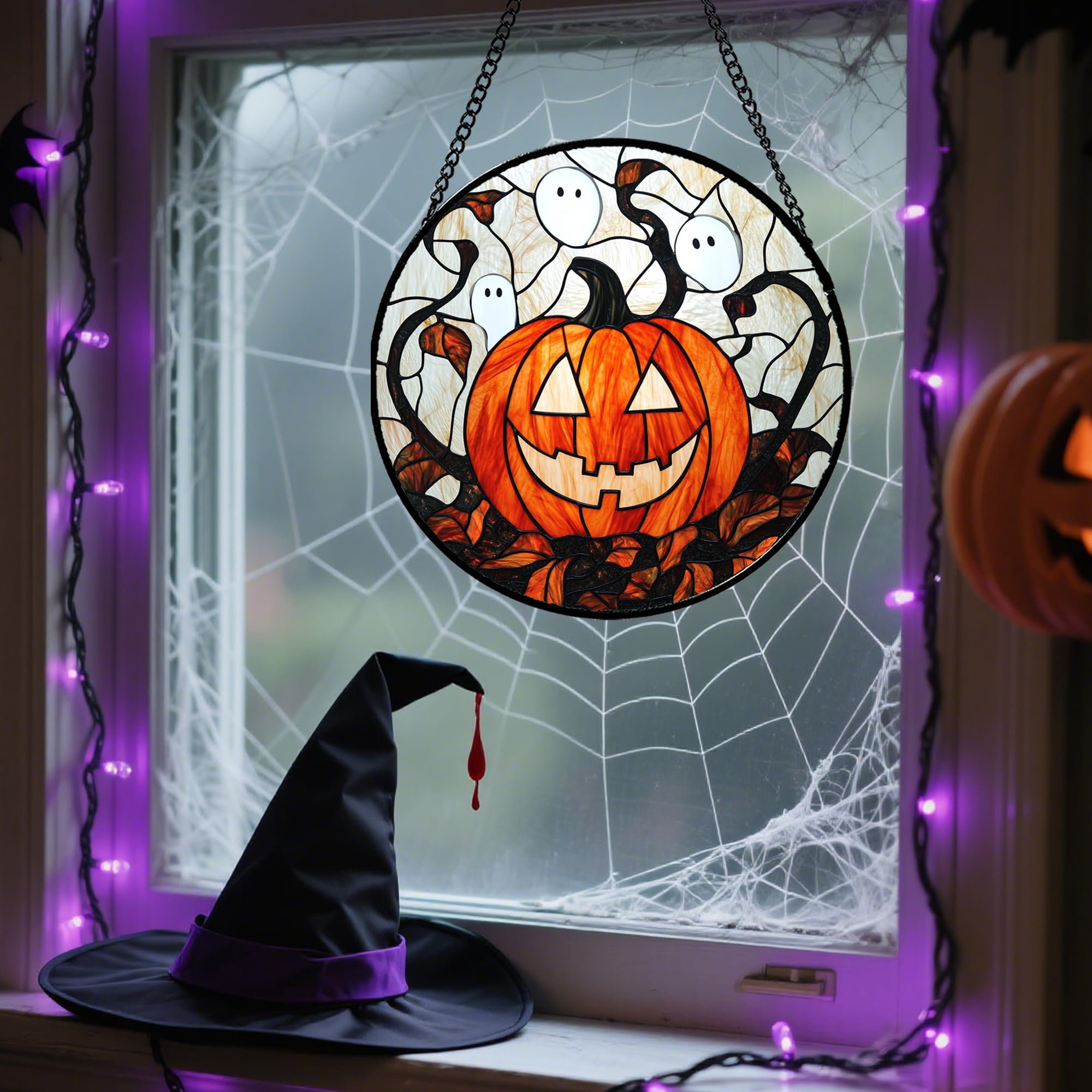 Halloween Stained Glass Suncatcher – Orange Ghost, Pumpkin & Bat Window Hanging Decoration with Chain