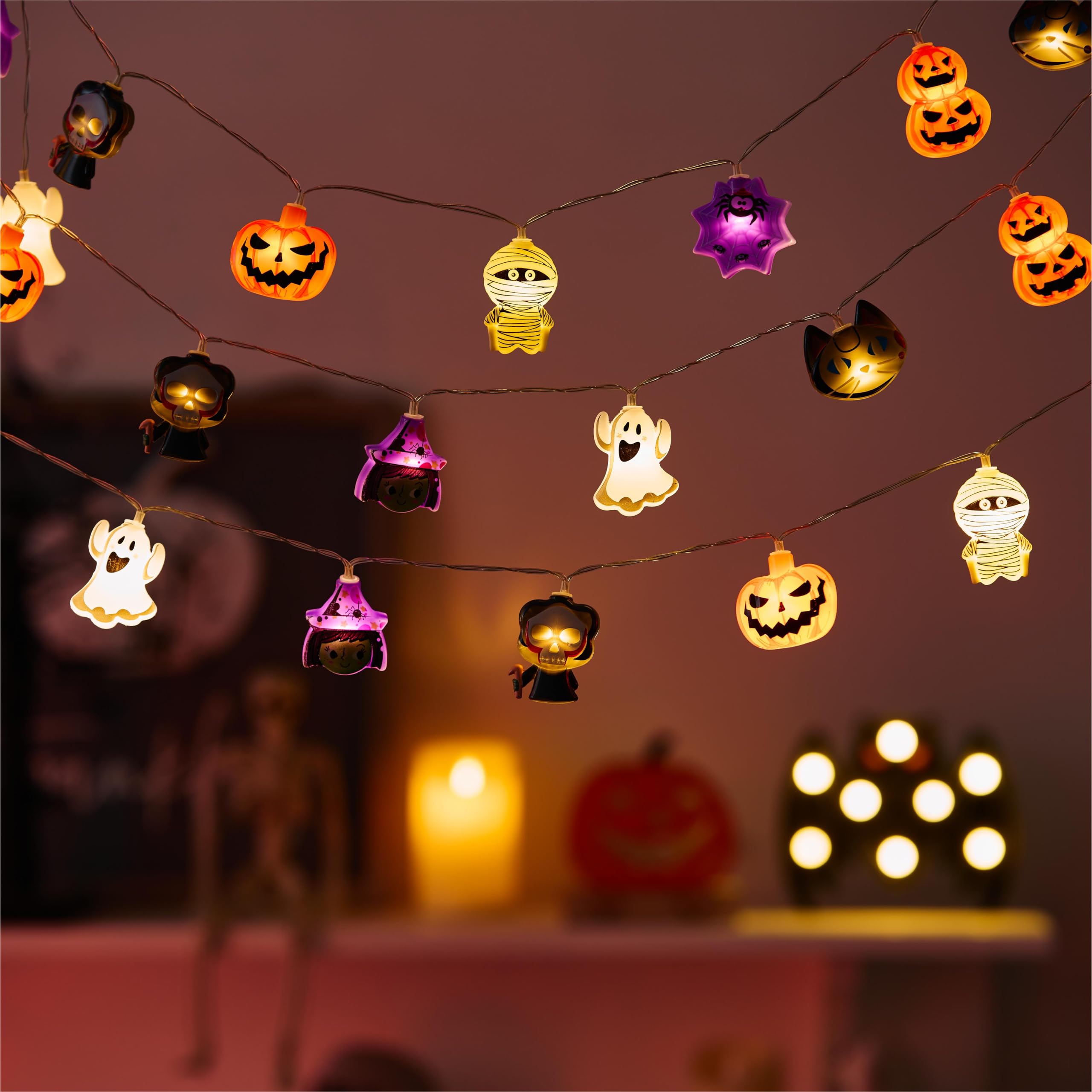 Halloween LED String Lights – 20 Battery-Operated Pumpkin, Ghost & Witch Lights with Timer & 8 Modes (9.8Ft)