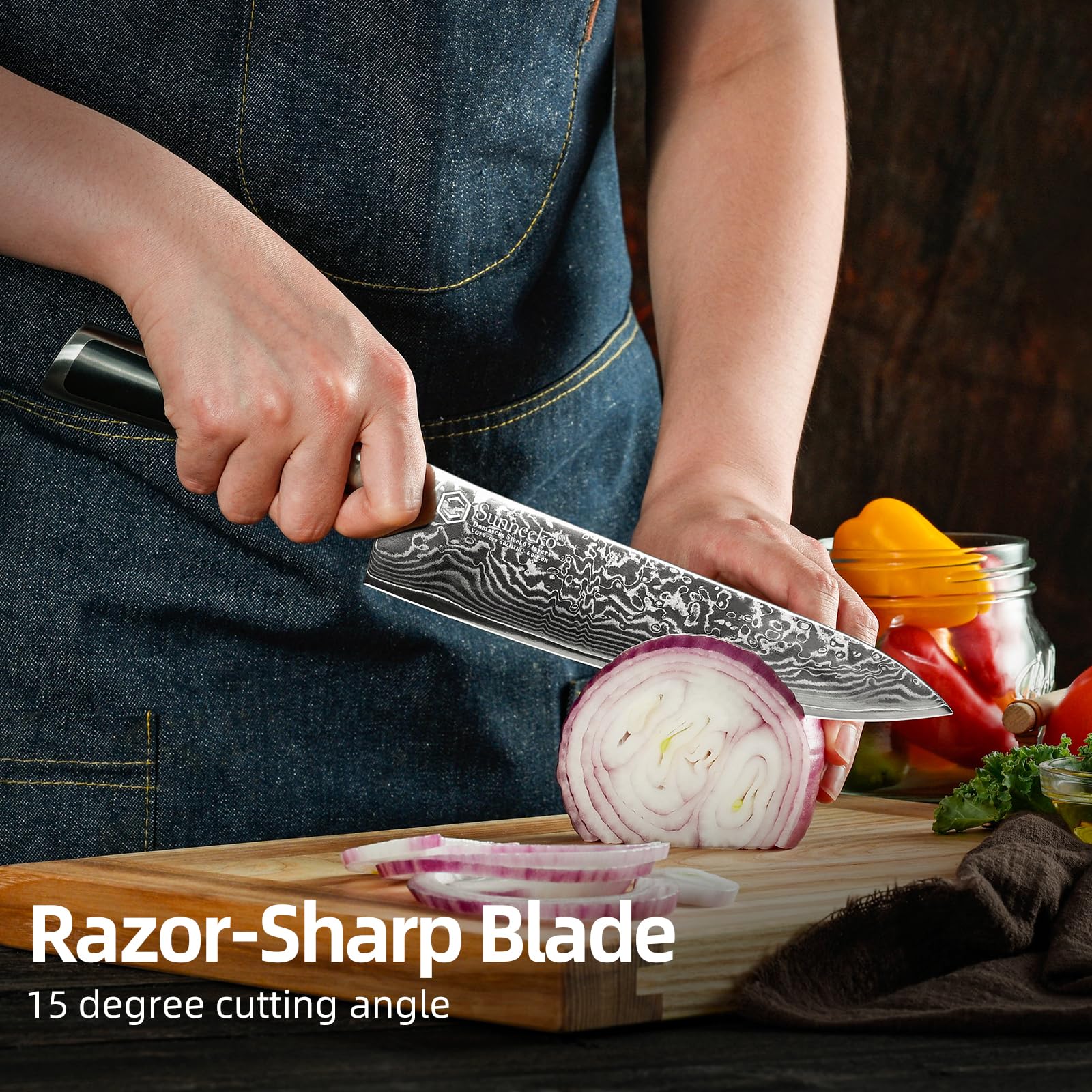 8-Inch Damascus Chef Knife – VG-10 Core, 67-Layer Steel, Ultra-Sharp 15° Edge