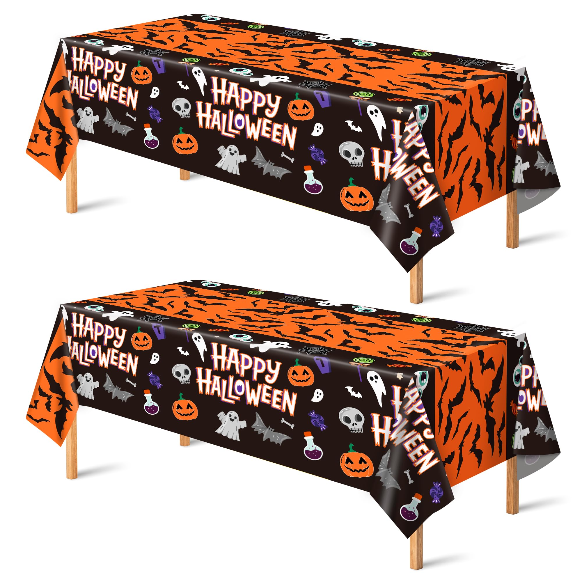Halloween Tablecloths – Set of 2 Black Spooky Polyester Table Covers with Ghost, Bat & Pumpkin Prints (86.6x51.2 Inches)