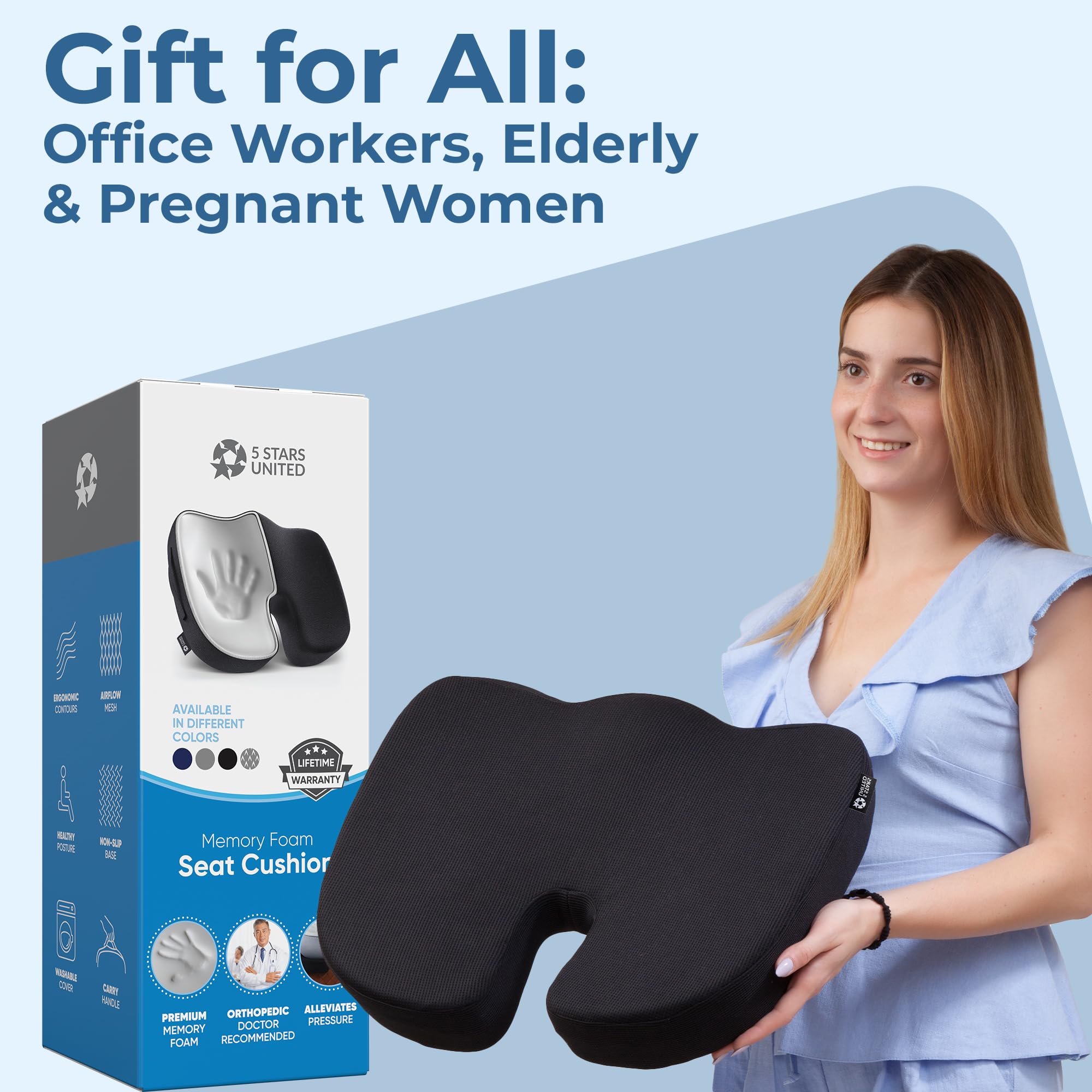 Ergonomic Memory Foam Seat Cushion for Office Chair Coccyx Support Sciatica & Tailbone Pain Relief with Breathable Mesh Cover