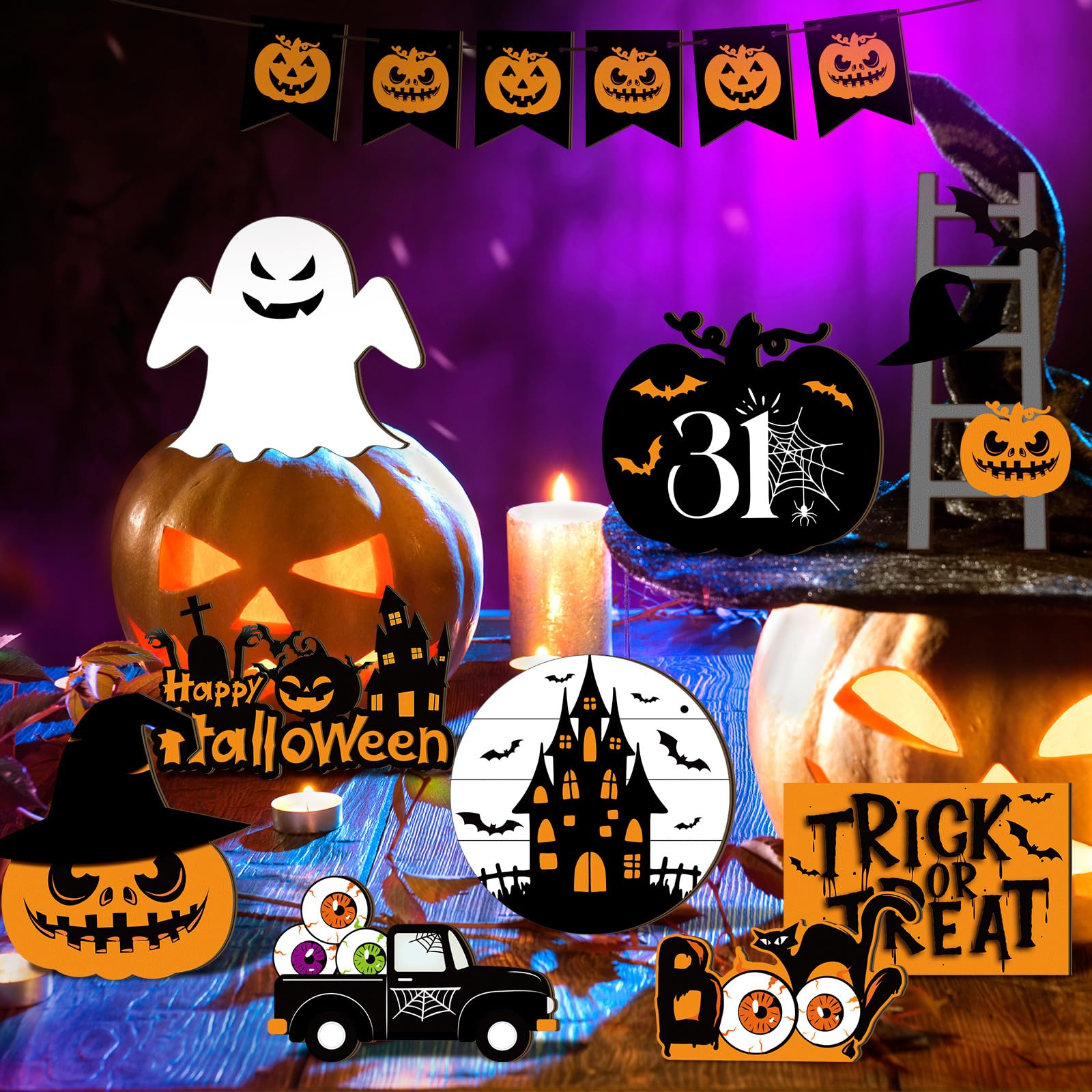 Halloween Tiered Tray Decorations Set (18 Pcs) 🎃 – Rustic Wooden Signs & Plush Gnome for Farmhouse Home Décor