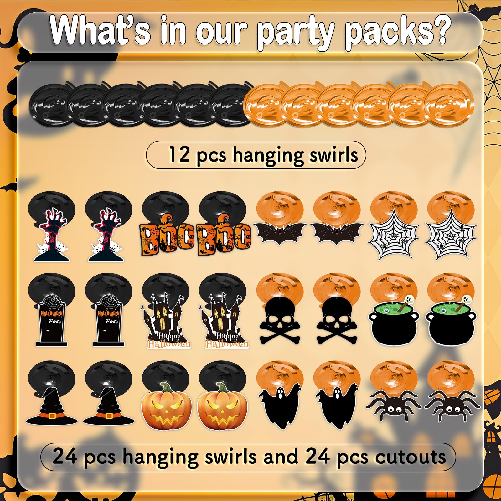 Halloween Hanging Swirl Decorations – 60PCS Ceiling Foil & Card Set with Ghosts, Bats, Pumpkins & Spiders