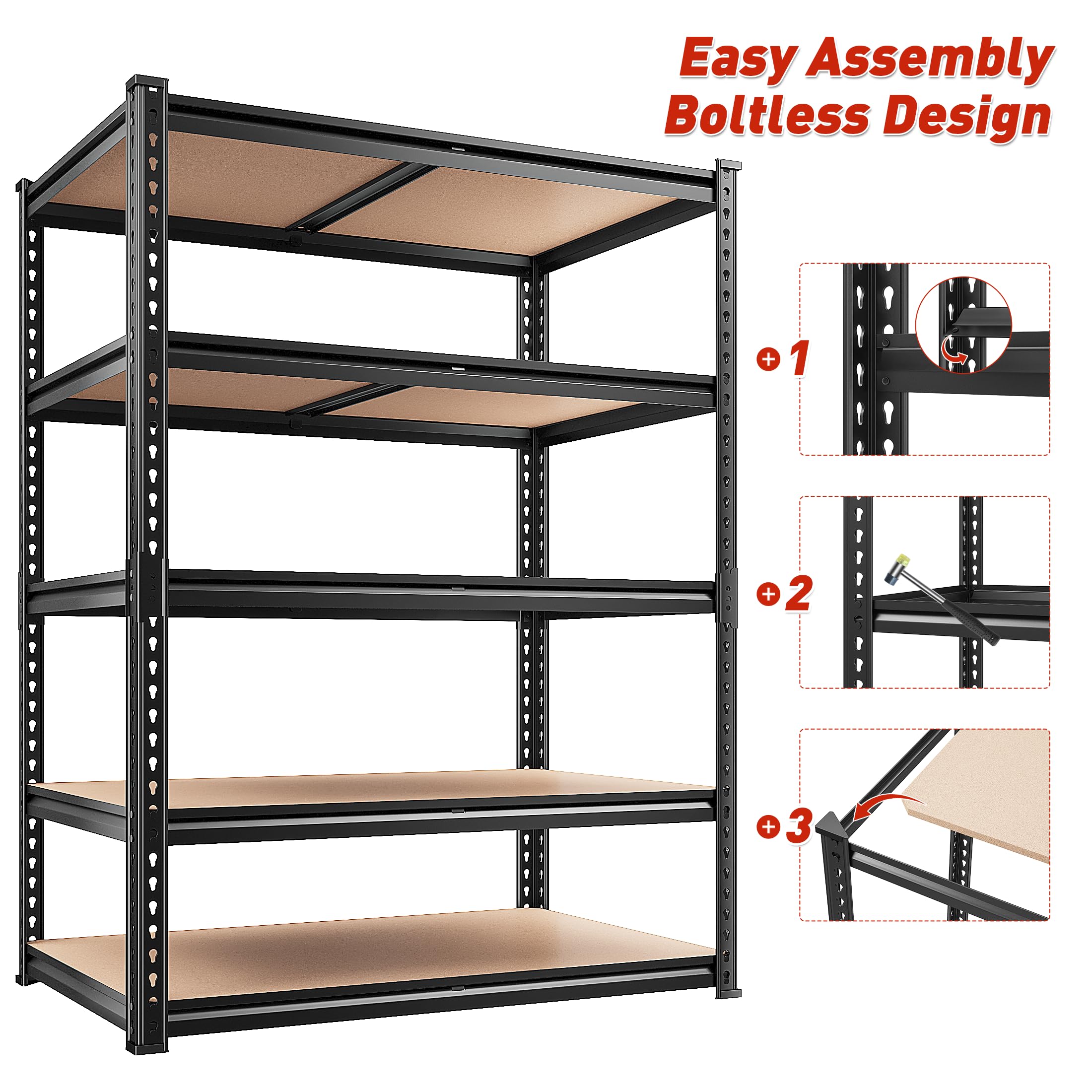 REIBII 5-Tier Heavy Duty Metal Storage Shelves 2-Pack – 2400 lbs Adjustable Garage & Warehouse Shelving System