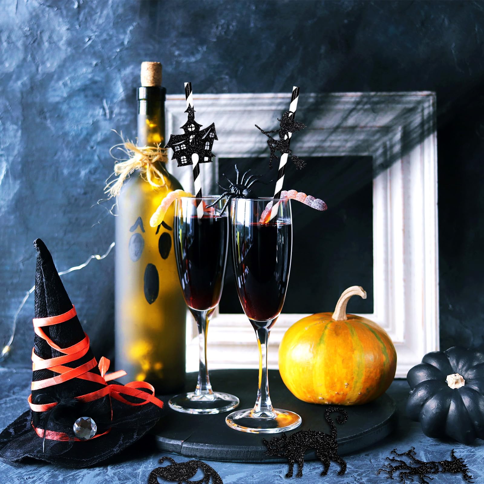 Halloween Paper Straws with Pumpkin, Bat & Witch Card Toppers – 18 Pcs Black/White Party Drinking Straws