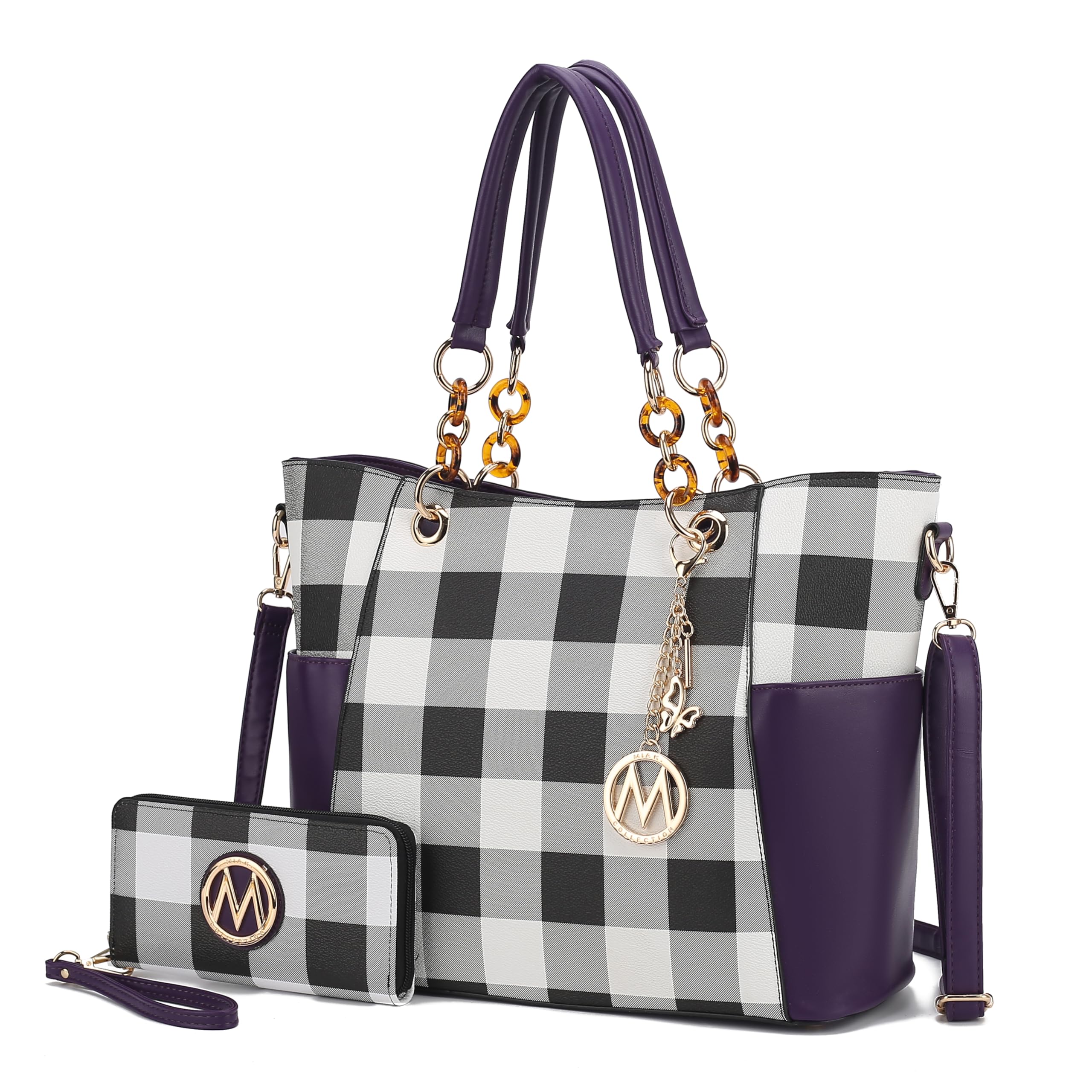 MKF Collection Mariely Tote Bag Set for Women – Vegan Leather Handbag with Wristlet Wallet (Checker Purple)