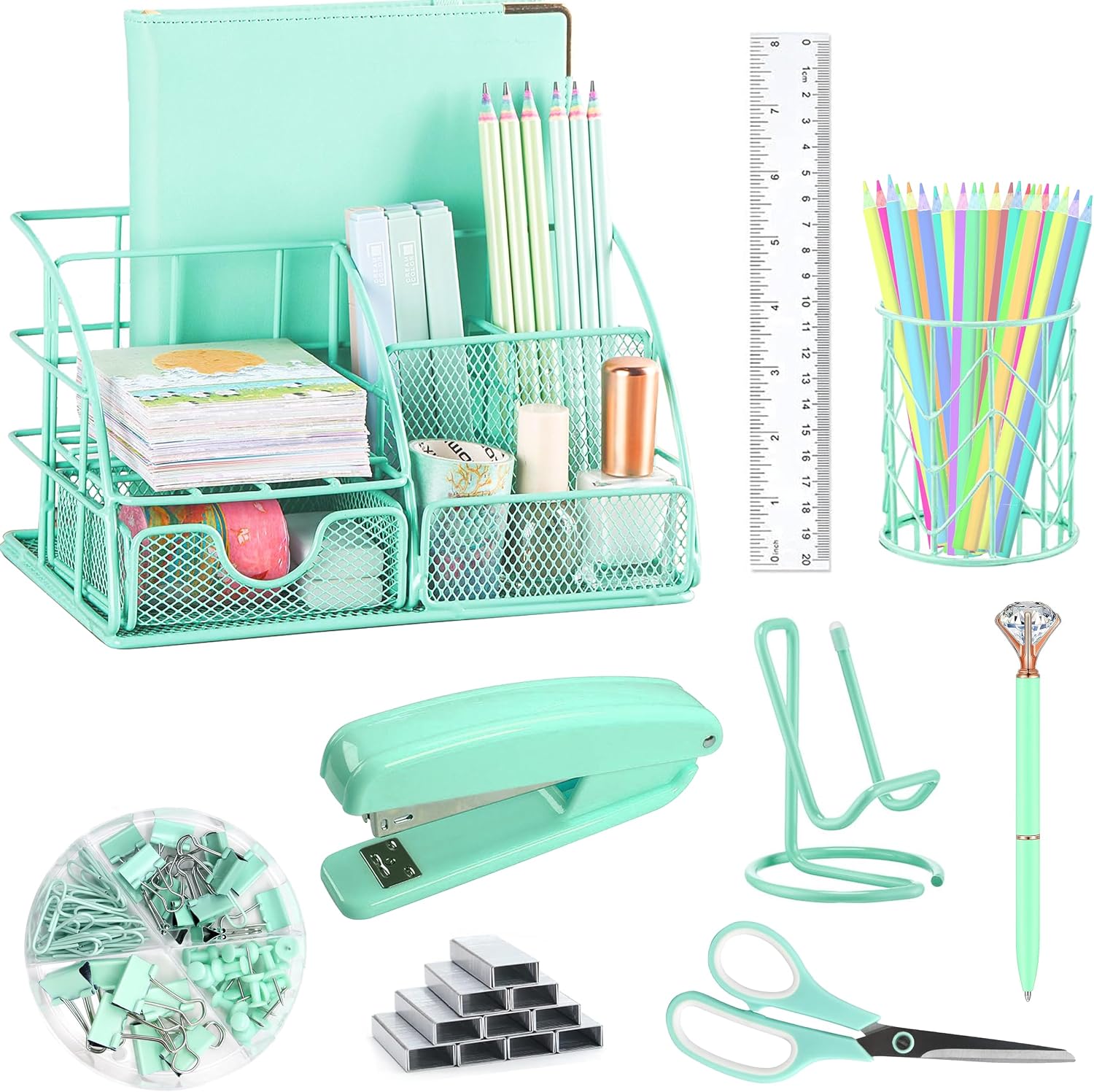 Green Desk Organizer and Office Supplies Set