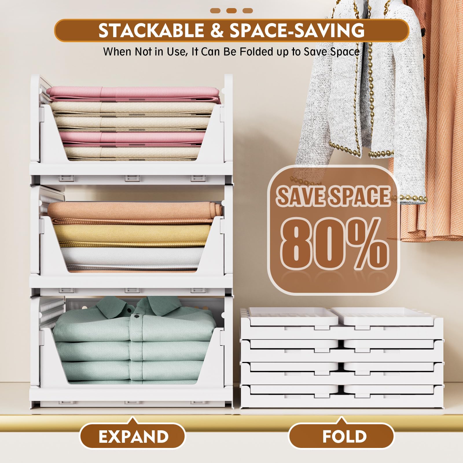 Stackable Closet Storage Baskets (5-Pack) – Foldable Space-Saving Organizer Bins for Wardrobe, Bathroom & Laundry