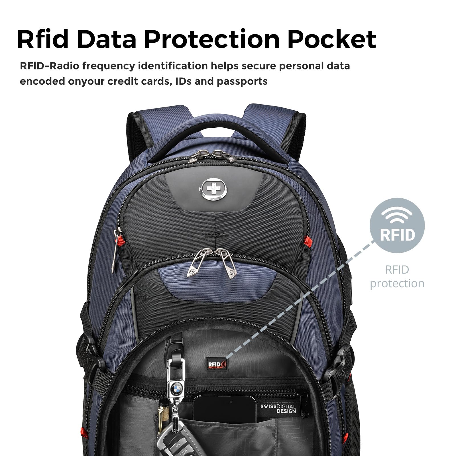 Swissdigital Design Laptop Backpack with USB-C Charging & RFID Protection – 31L Travel & College Backpack (Black/Blue)