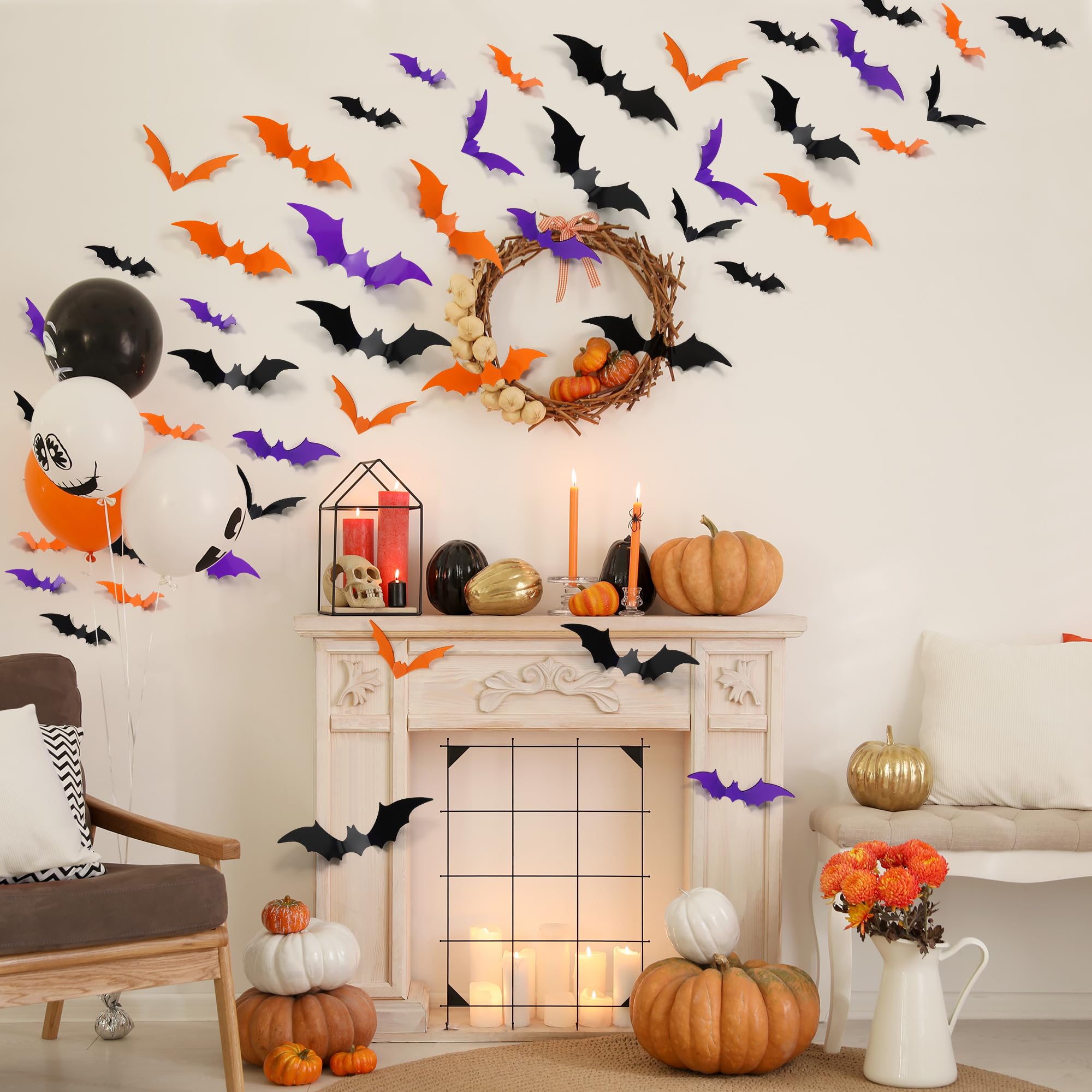 Halloween 3D Bat Wall Decals – 100 PCS Waterproof PVC Bats in Orange, Purple & Black (5 Sizes)