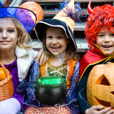 Witch Cauldron Candy Bowl with Light & Stand – 8” Black Halloween Pot Decoration