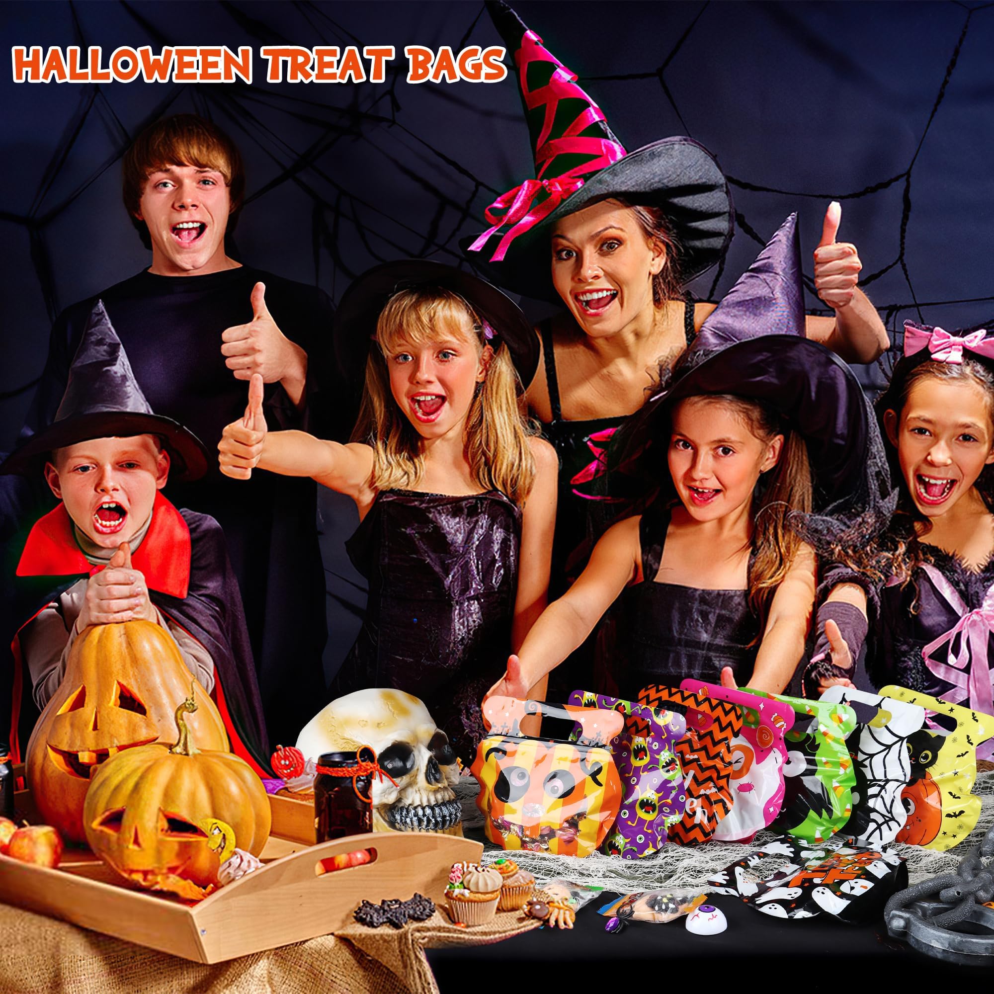 56 PCS Halloween Goodie Bags – Reusable Zip Treat Bags with Handles, 8 Cute Designs for Candy, Snacks & Party Favors
