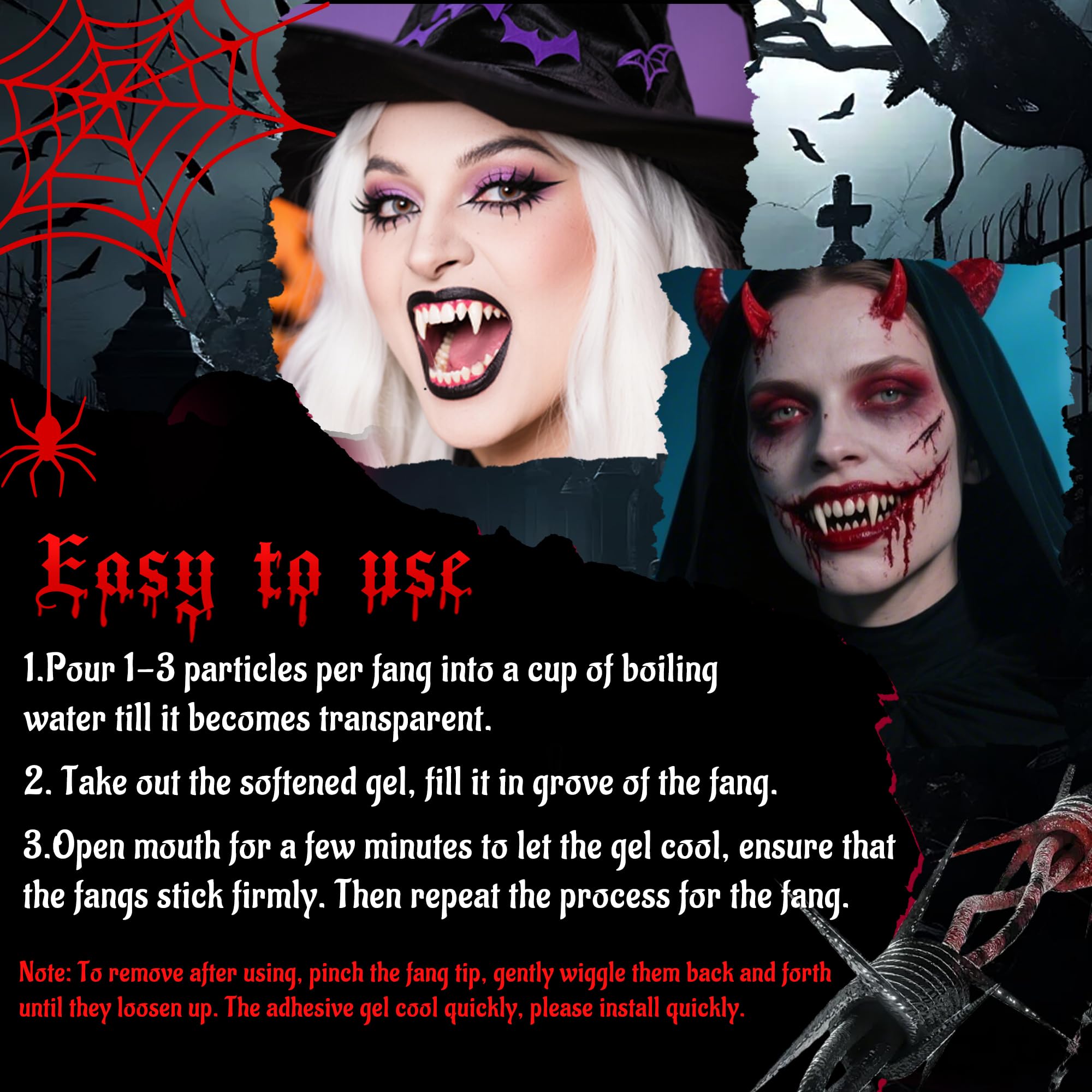 Vampire Fangs Set with Coffin Box – 4 Sizes Realistic White Fake Teeth with Adhesive (13mm–19mm)