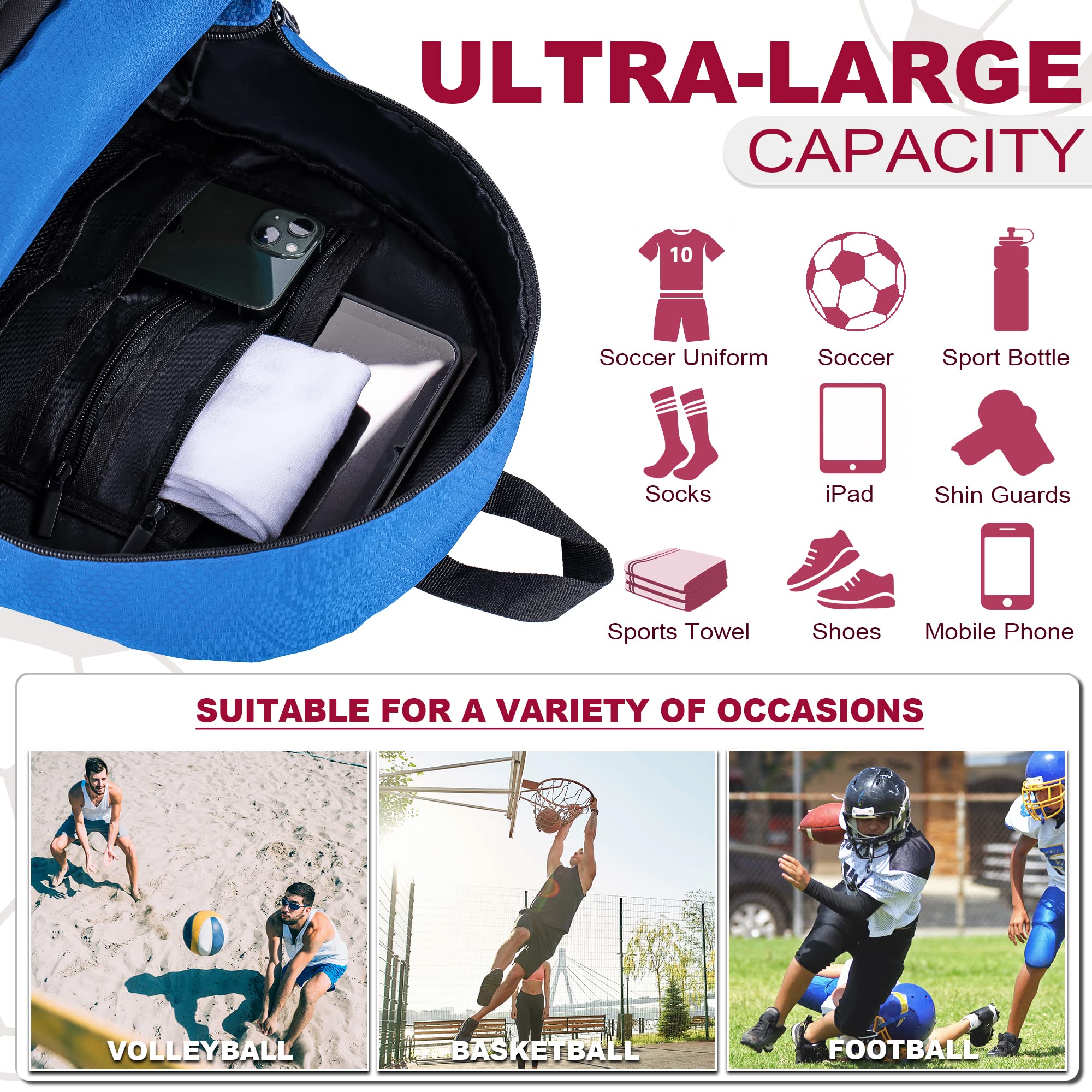 HIMAL OUTDOORS Soccer Backpack – Sports Gear Bag with Ball Holder & Separate Cleat Compartment (Blue)