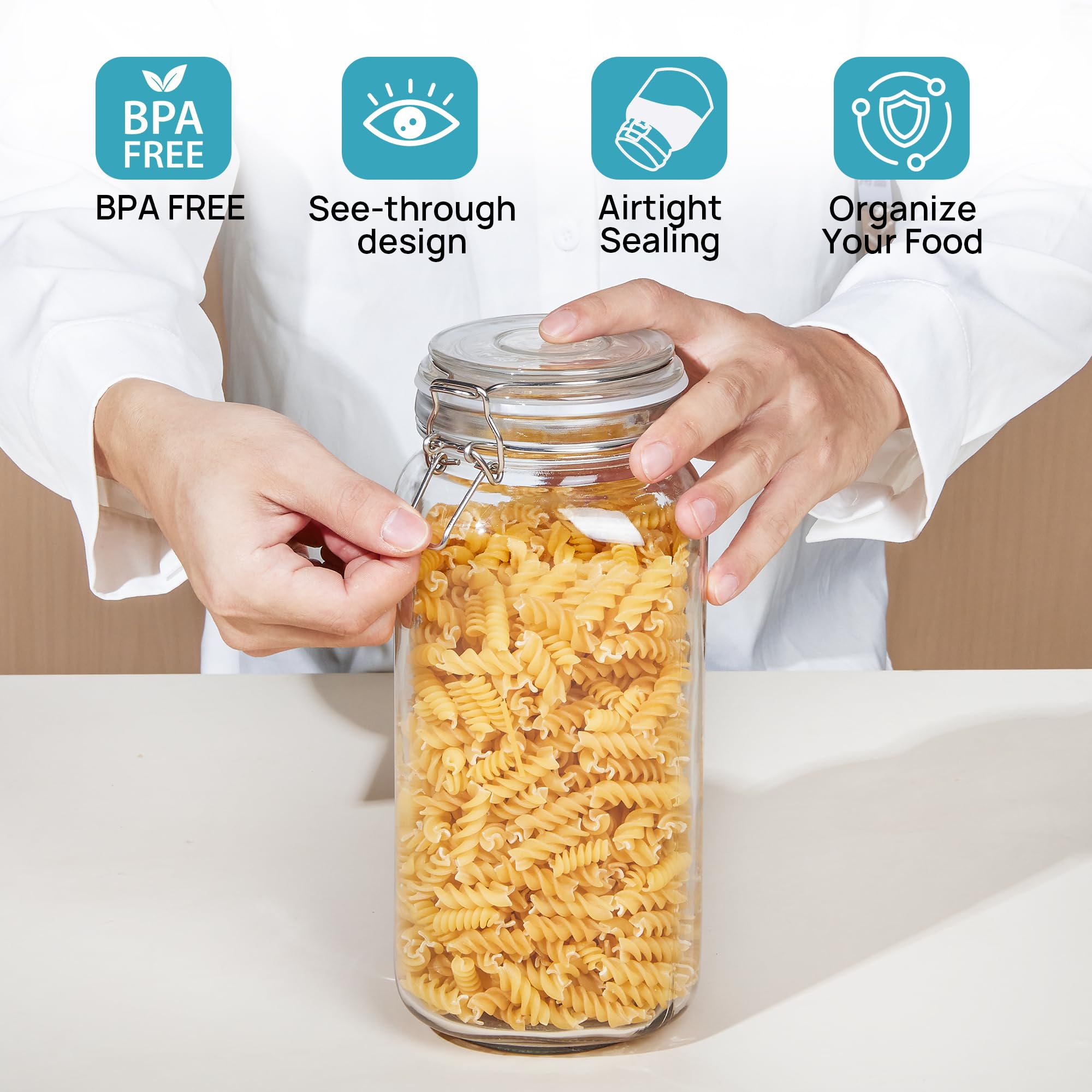 Vtopmart 78oz Glass Food Storage Jars with Airtight Clamp Lids – 3-Pack Large Kitchen Canisters with Reusable Labels