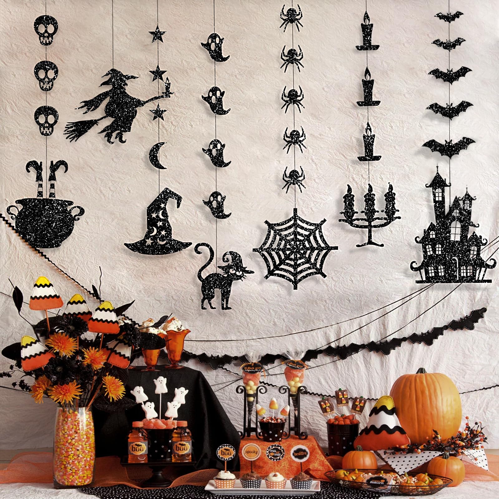 7PCS Glitter Black Halloween Garlands – Pre-Strung Hanging Decorations with Spiders, Bats & Witches