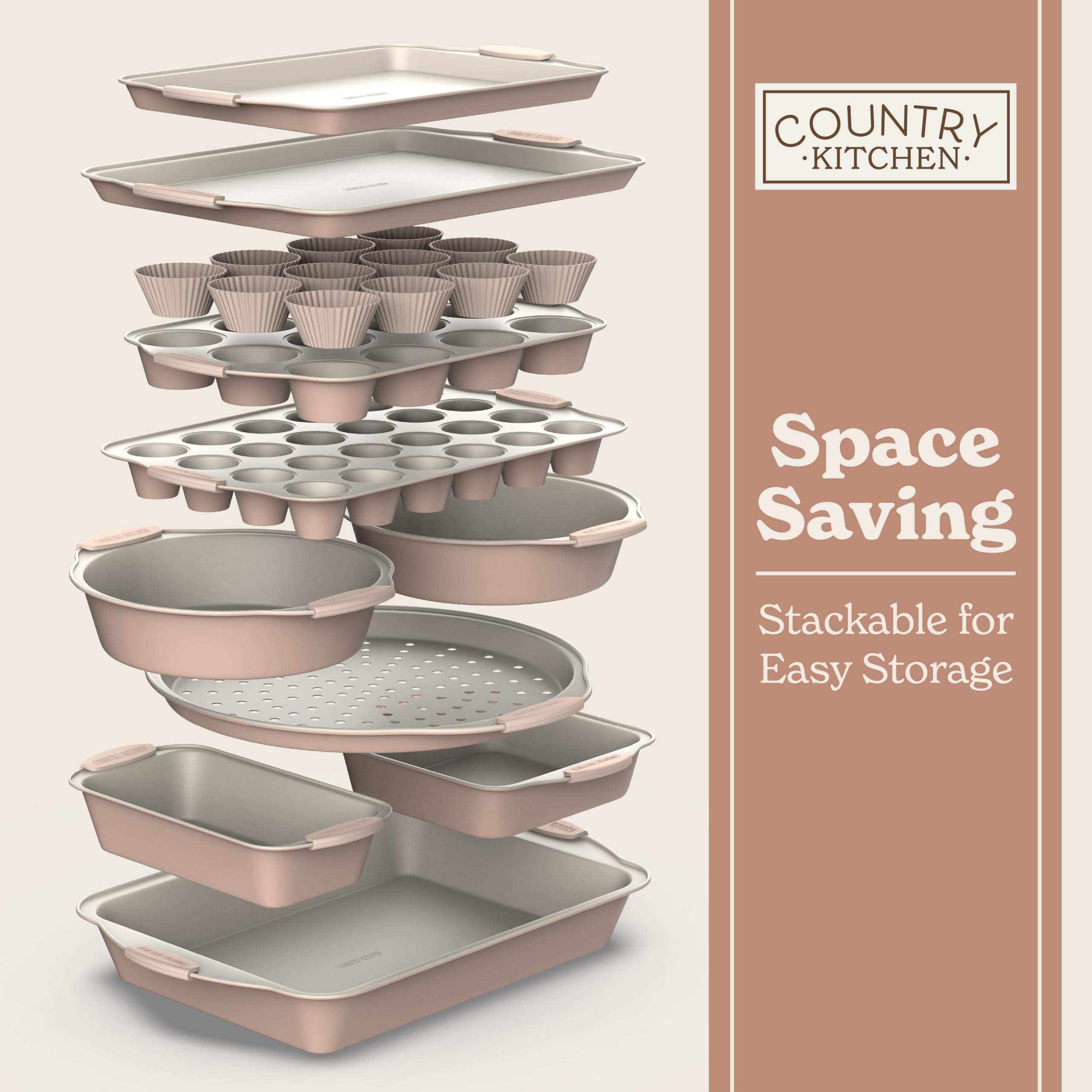 22-Piece Stackable Non-Stick Bakeware Set with Silicone Handles – Space-Saving Baking Pans