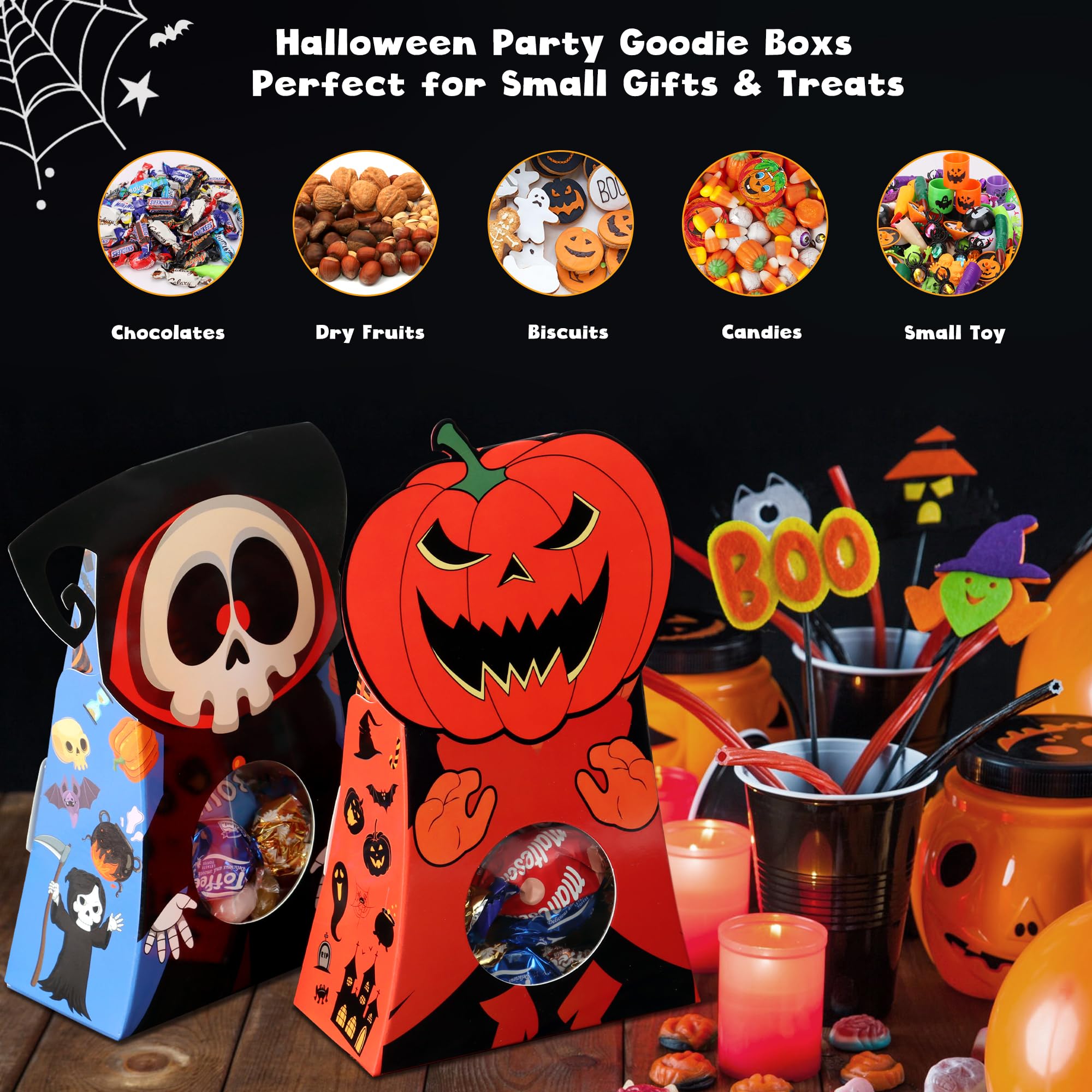 Giiffu 54-Pack Halloween Treat Boxes with Clear Window - 9 Designs Trick or Treat Candy Bags for Kids Party Favors Supplies, Classroom Exchange (6 x 4 x 2 Inches)