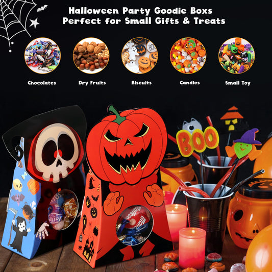 54-Pack Halloween Goodie Treat Boxes with 9 Unique Designs – Candy, Cookie & Party Favor Boxes with Viewing Window