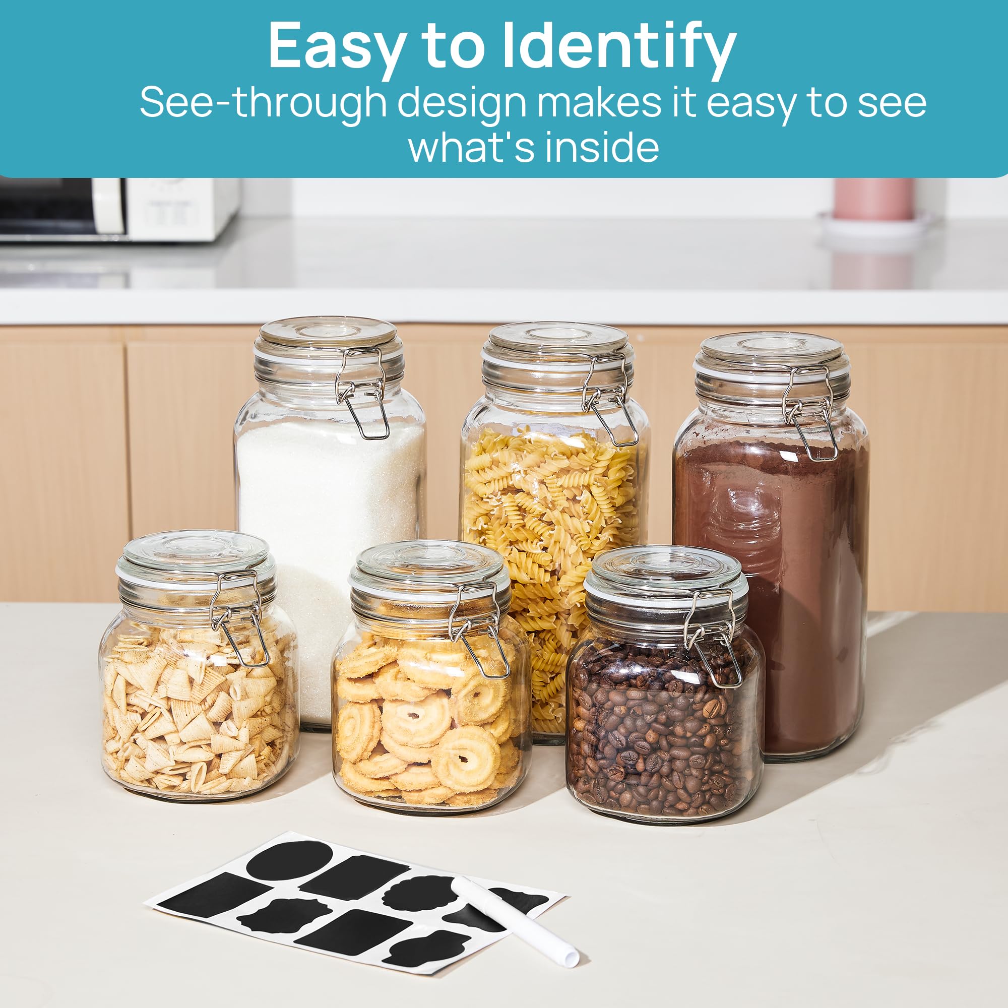 Vtopmart 78oz Glass Food Storage Jars with Airtight Clamp Lids – 3-Pack Large Kitchen Canisters with Reusable Labels