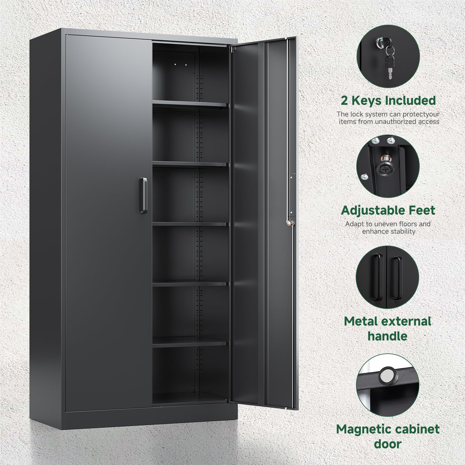 LETAYA Heavy-Duty Metal Storage Cabinet with Locking Doors – Tall Steel Locker with Adjustable Shelves for Garage & Office (Black)