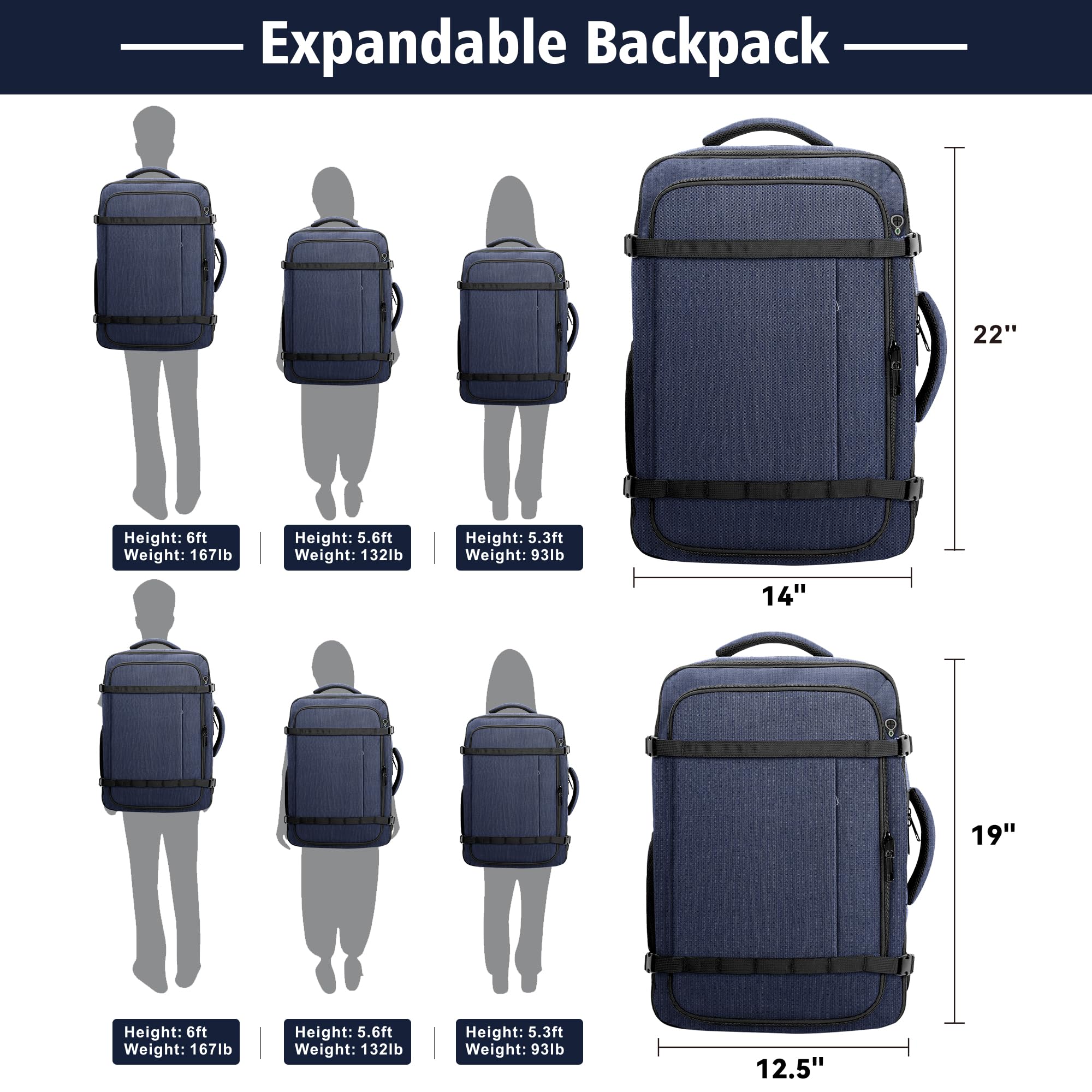 Expandable 40–50L Carry-On Travel Backpack with USB Cable Port – 17.3” Laptop, Blue