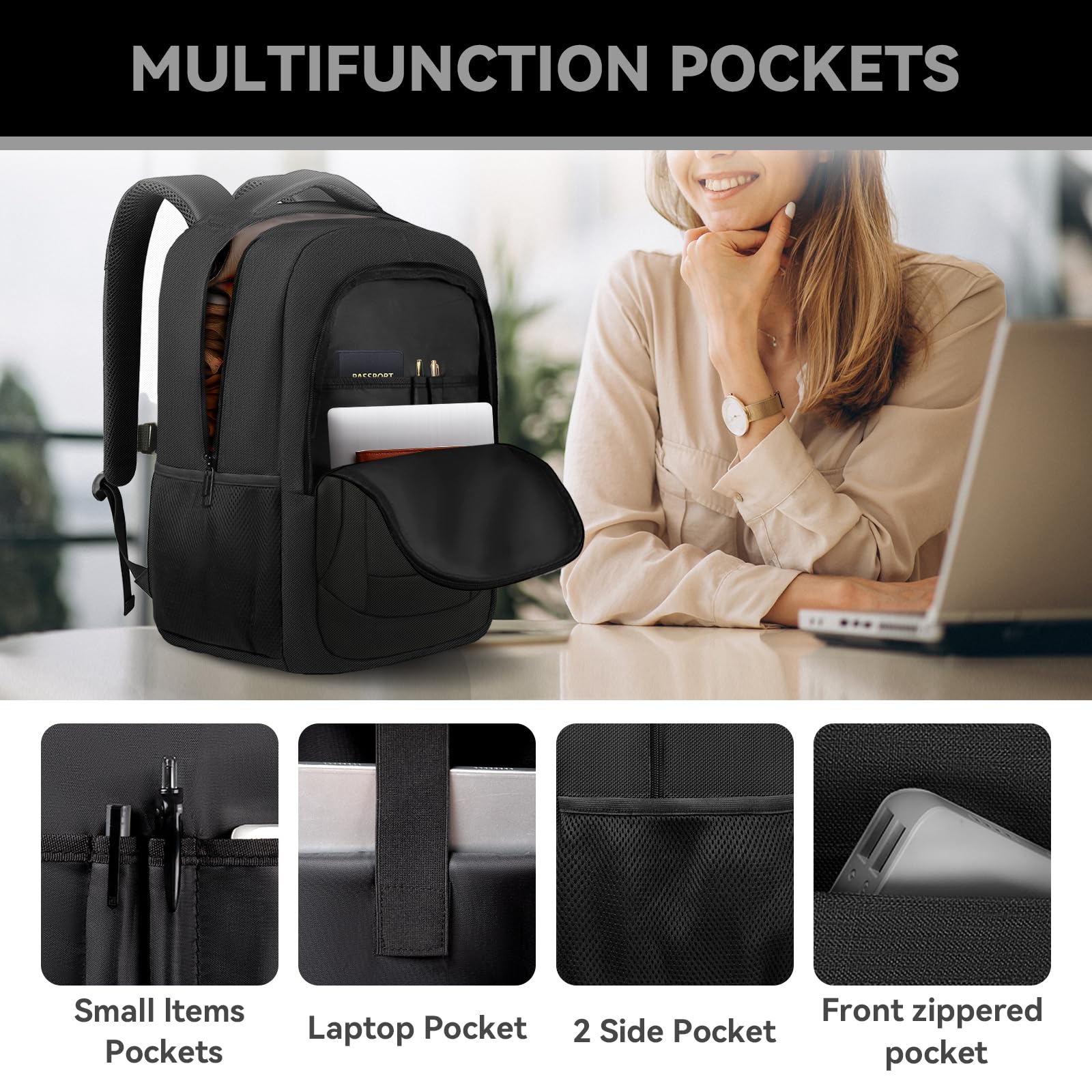 Large Airline-Approved Travel Laptop Backpack with Anti-Theft Pocket – Fits 17.3” – Black